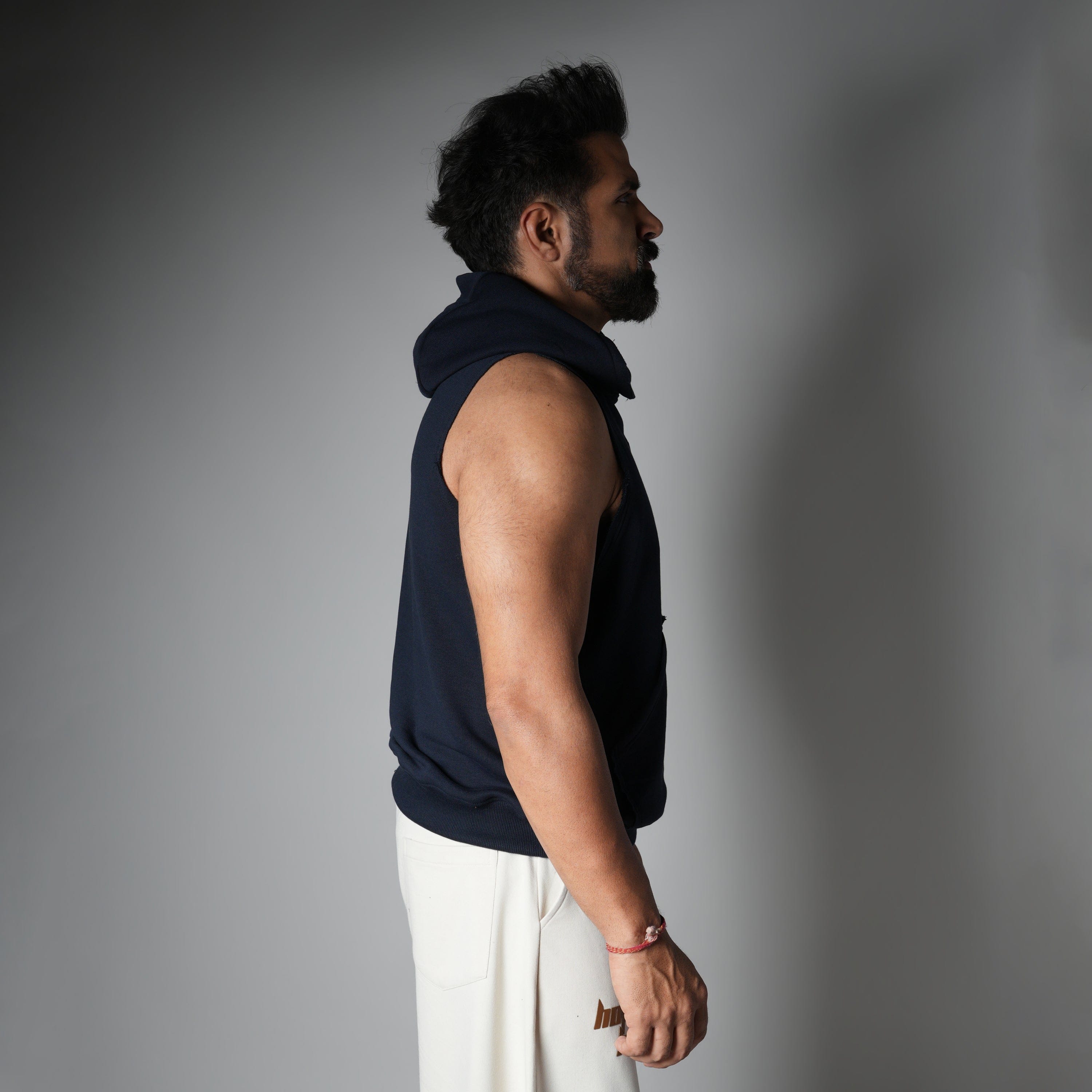 Blue NAVY BLUE RAW EDGE SLEEVELESS HOODIE
