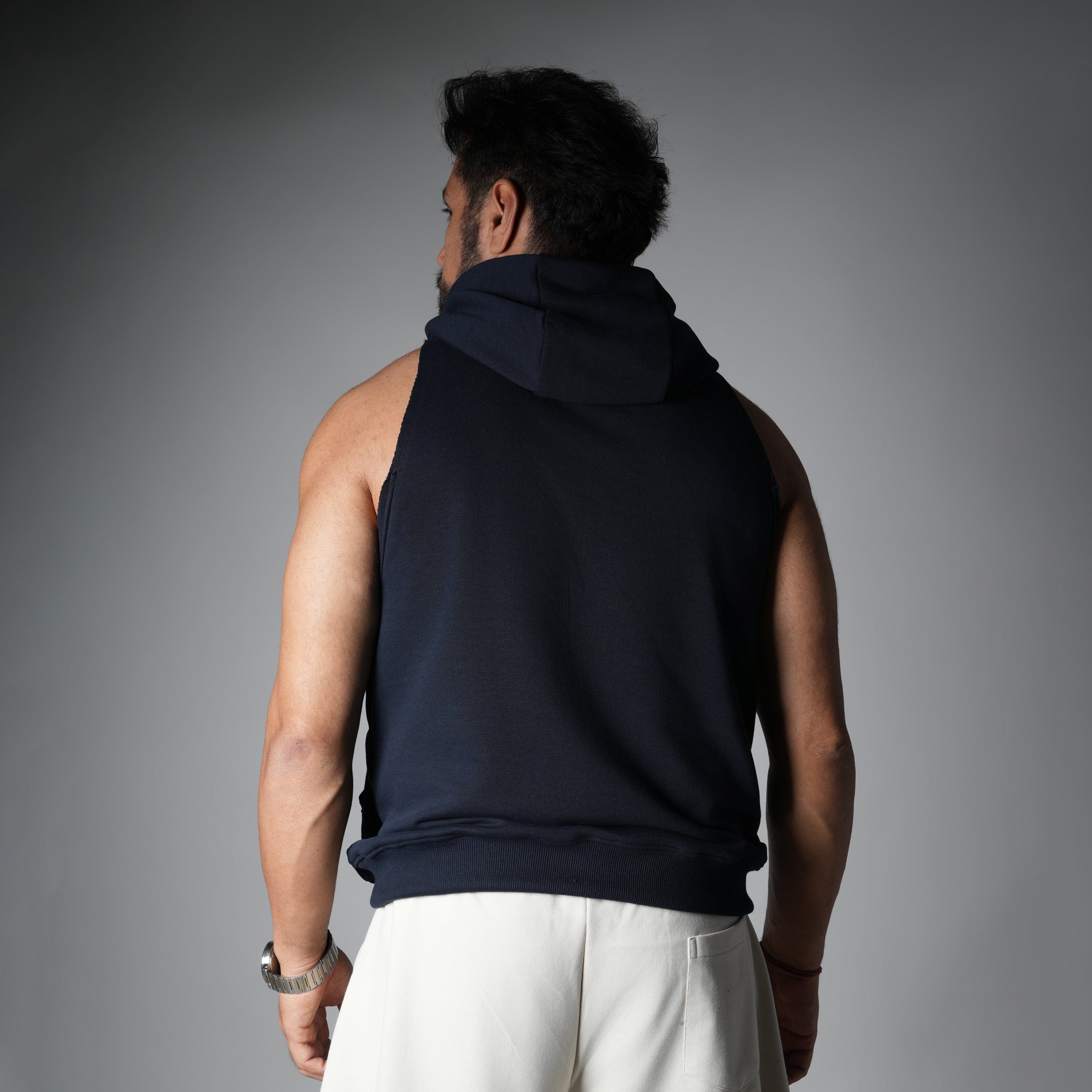 Blue NAVY BLUE RAW EDGE SLEEVELESS HOODIE