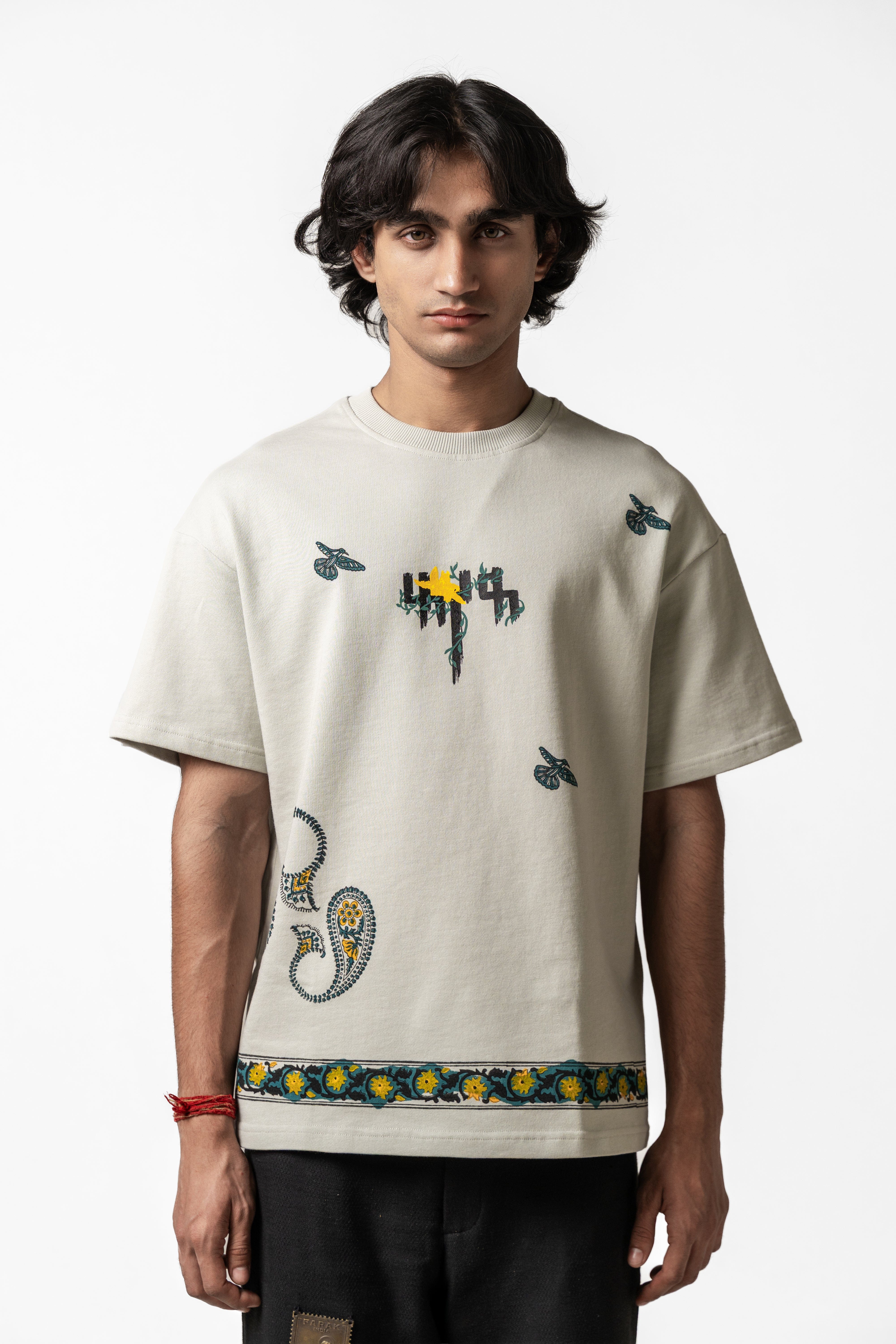 F A R A K Sage Green Blockprint T - shirt