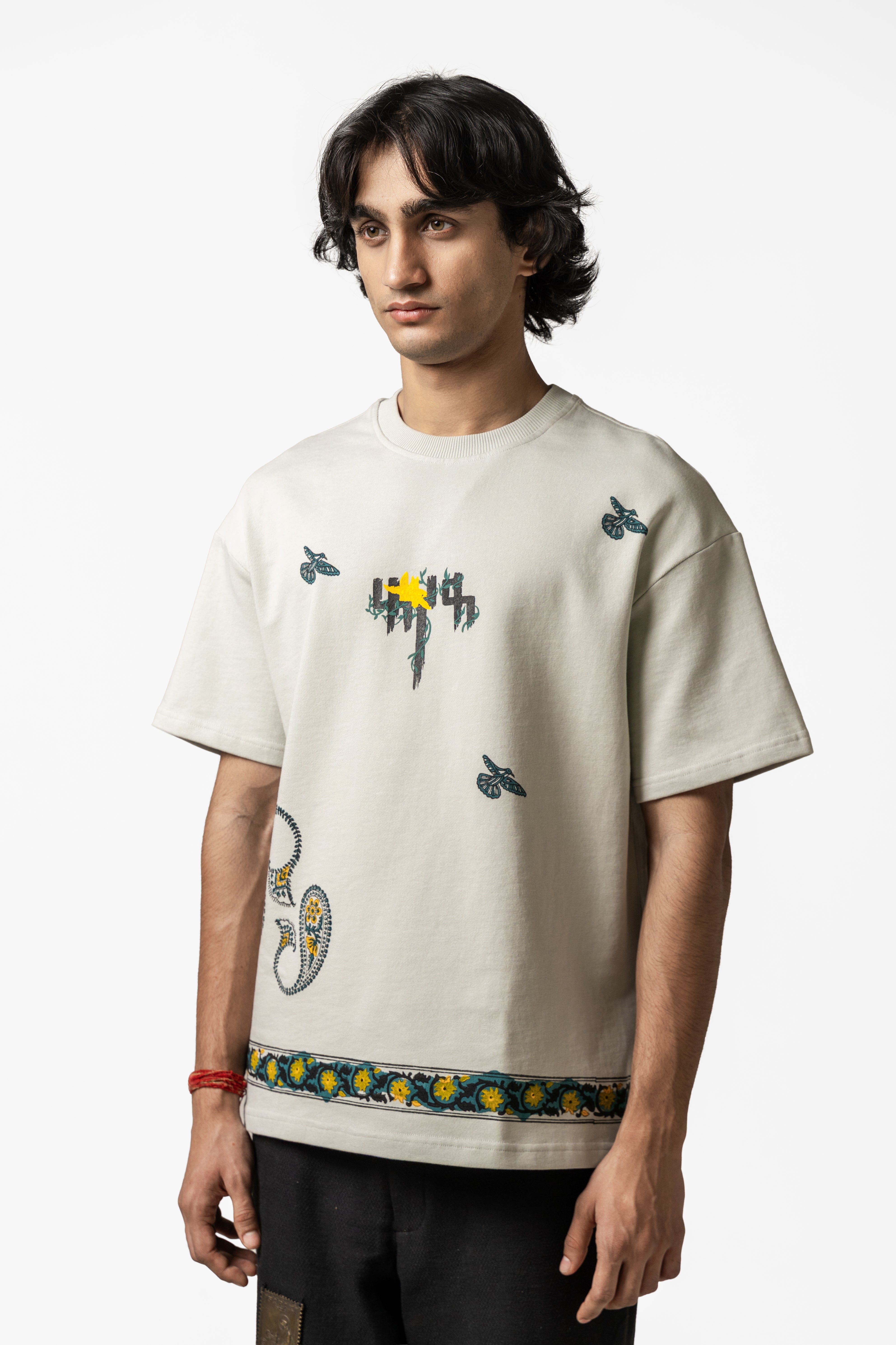 F A R A K Sage Green Blockprint T - shirt