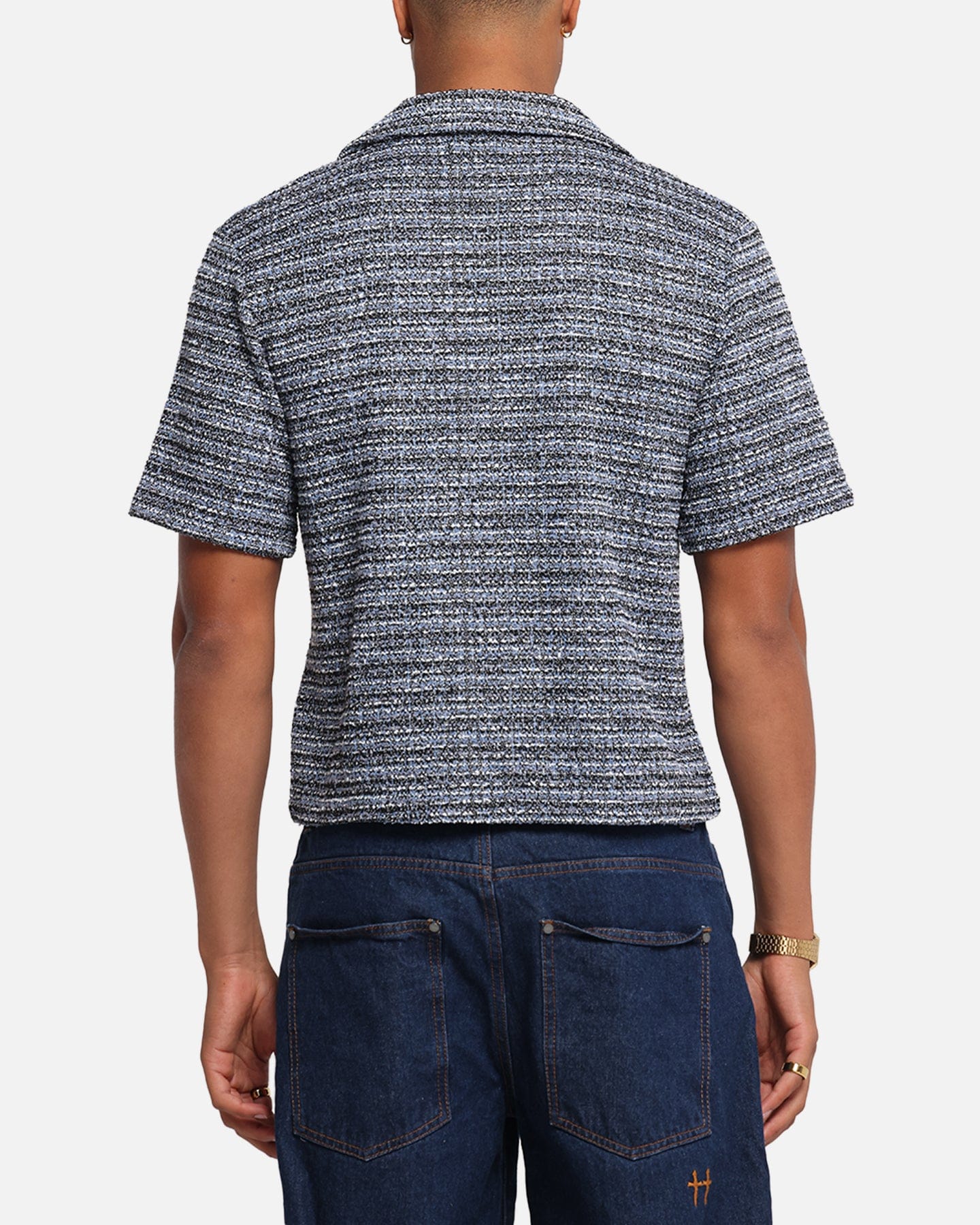 XXIII Boucle Tweed Crop Button Up Shirt Black/White/Blue