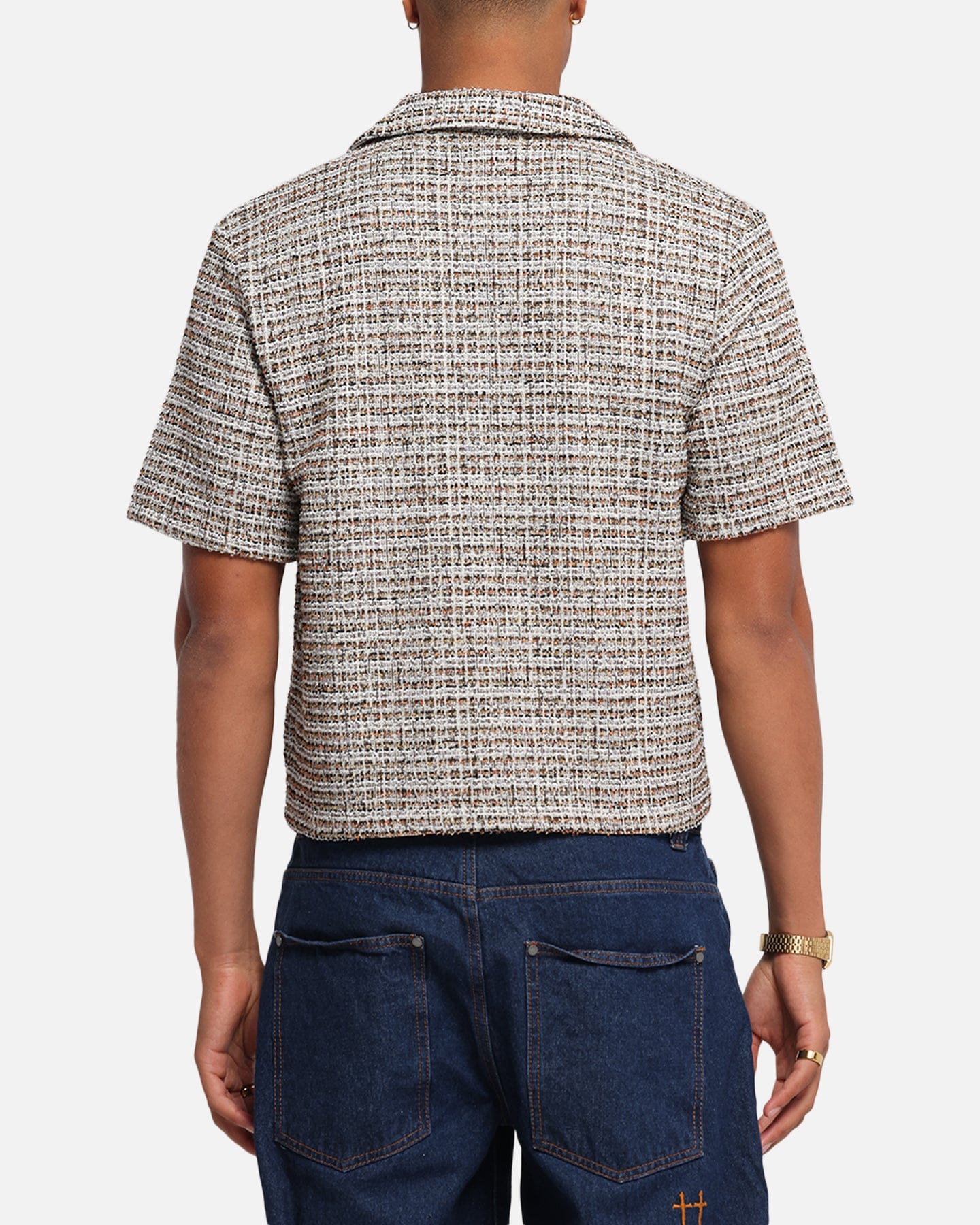 XXIII Boucle Tweed Crop Button Up Shirt Cream/Brown