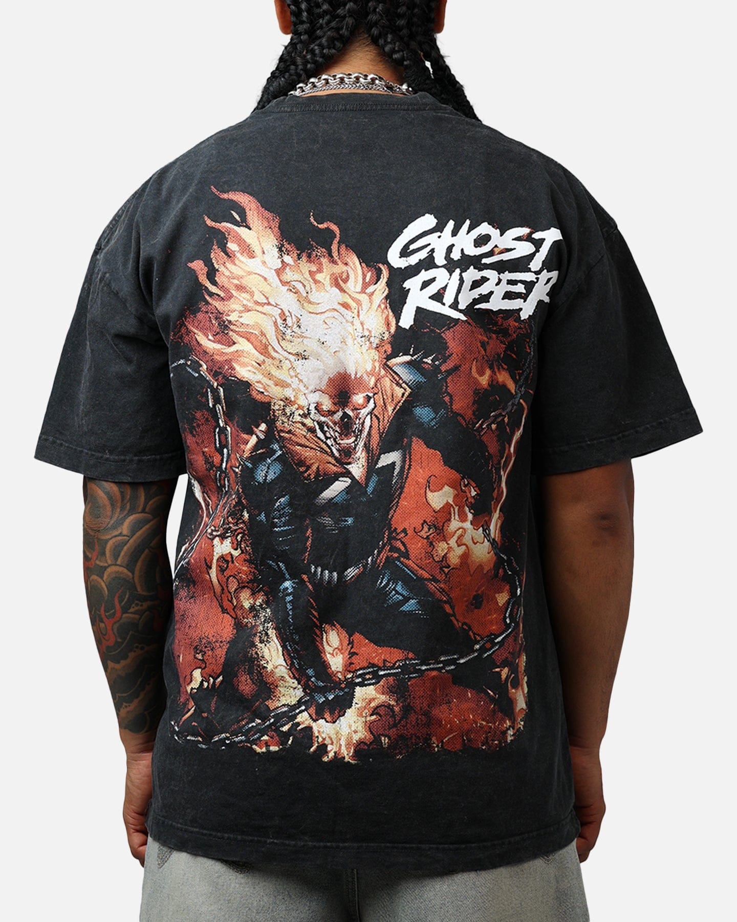 73studio Marvel Ghost Rider Fire Vintage T - Shirt Black Acidwash