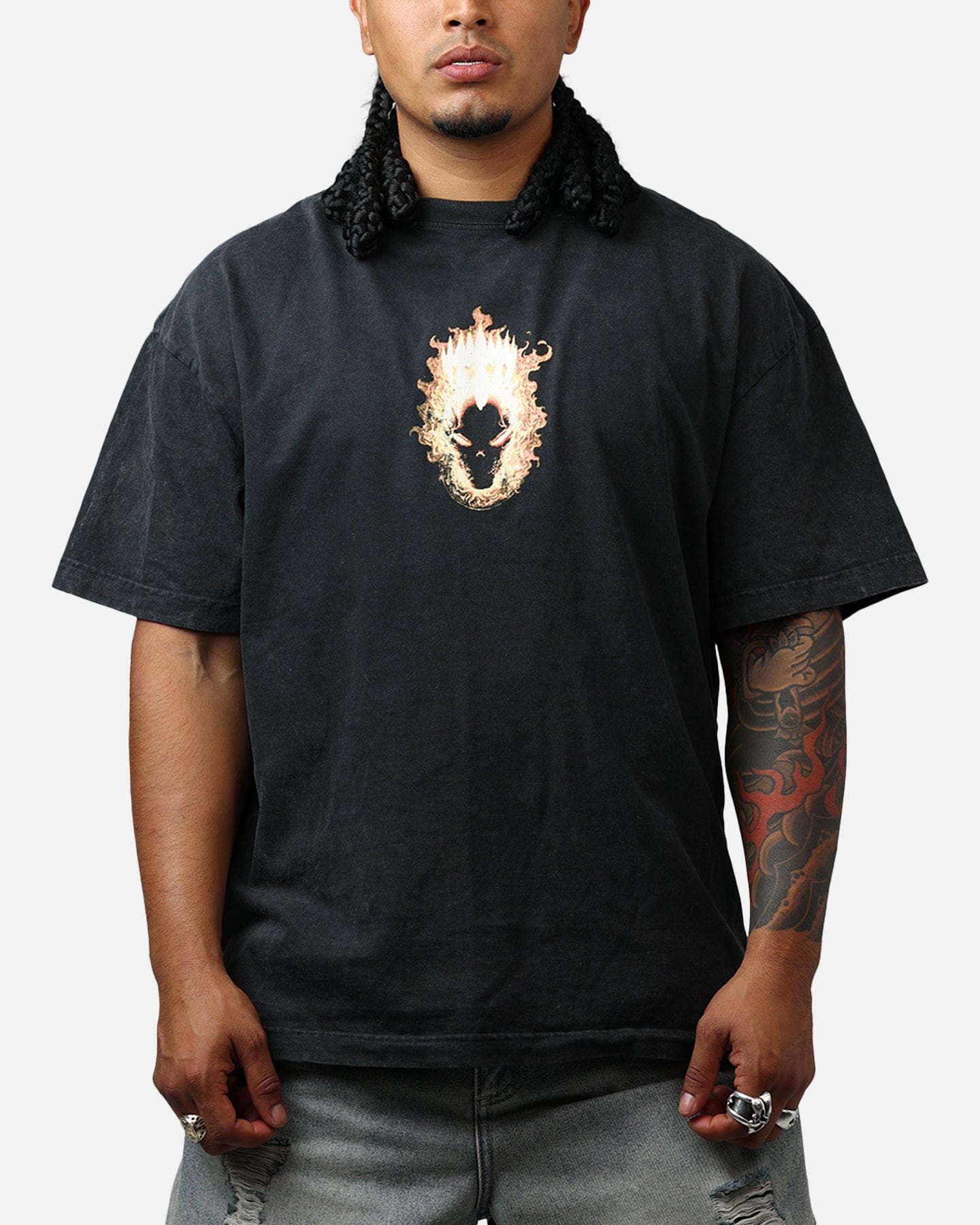 73studio Marvel Ghost Rider Fire Vintage T - Shirt Black Acidwash