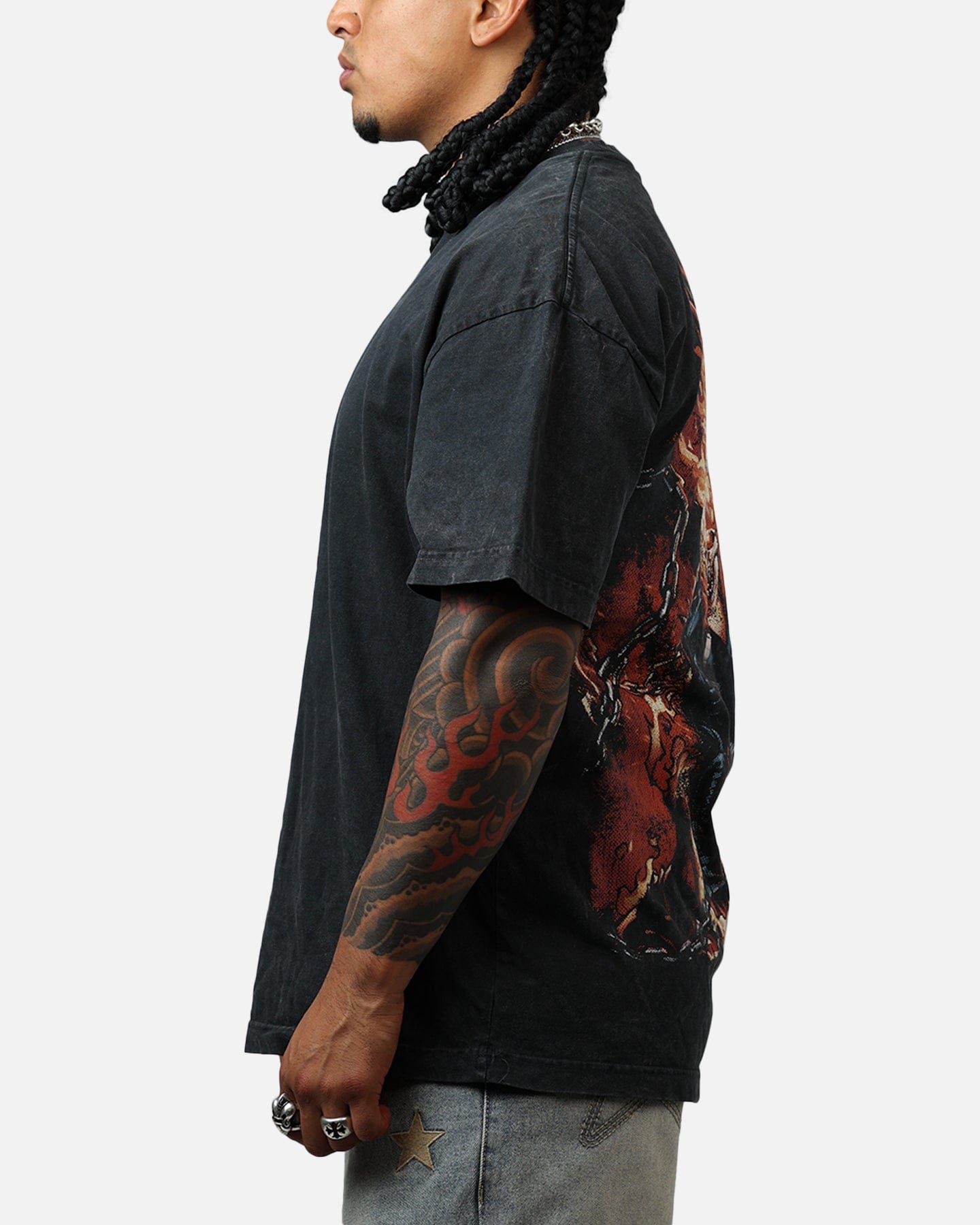 73studio Marvel Ghost Rider Fire Vintage T - Shirt Black Acidwash