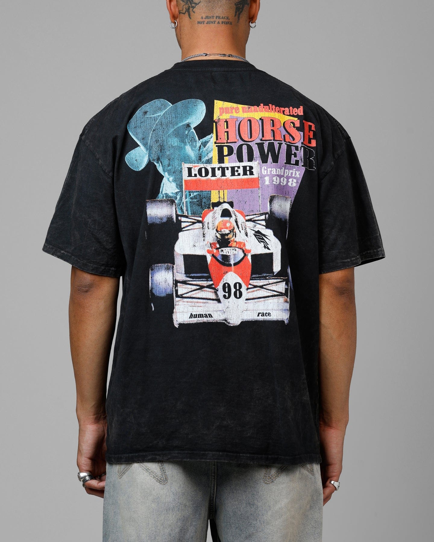 Loiter Horse Power Vintage Drop T - Shirt Black Acidwash