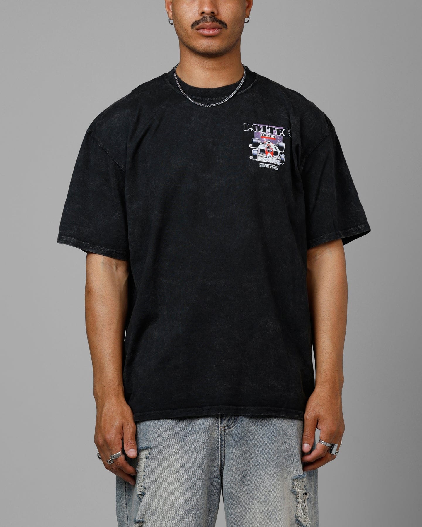 Loiter Horse Power Vintage Drop T - Shirt Black Acidwash