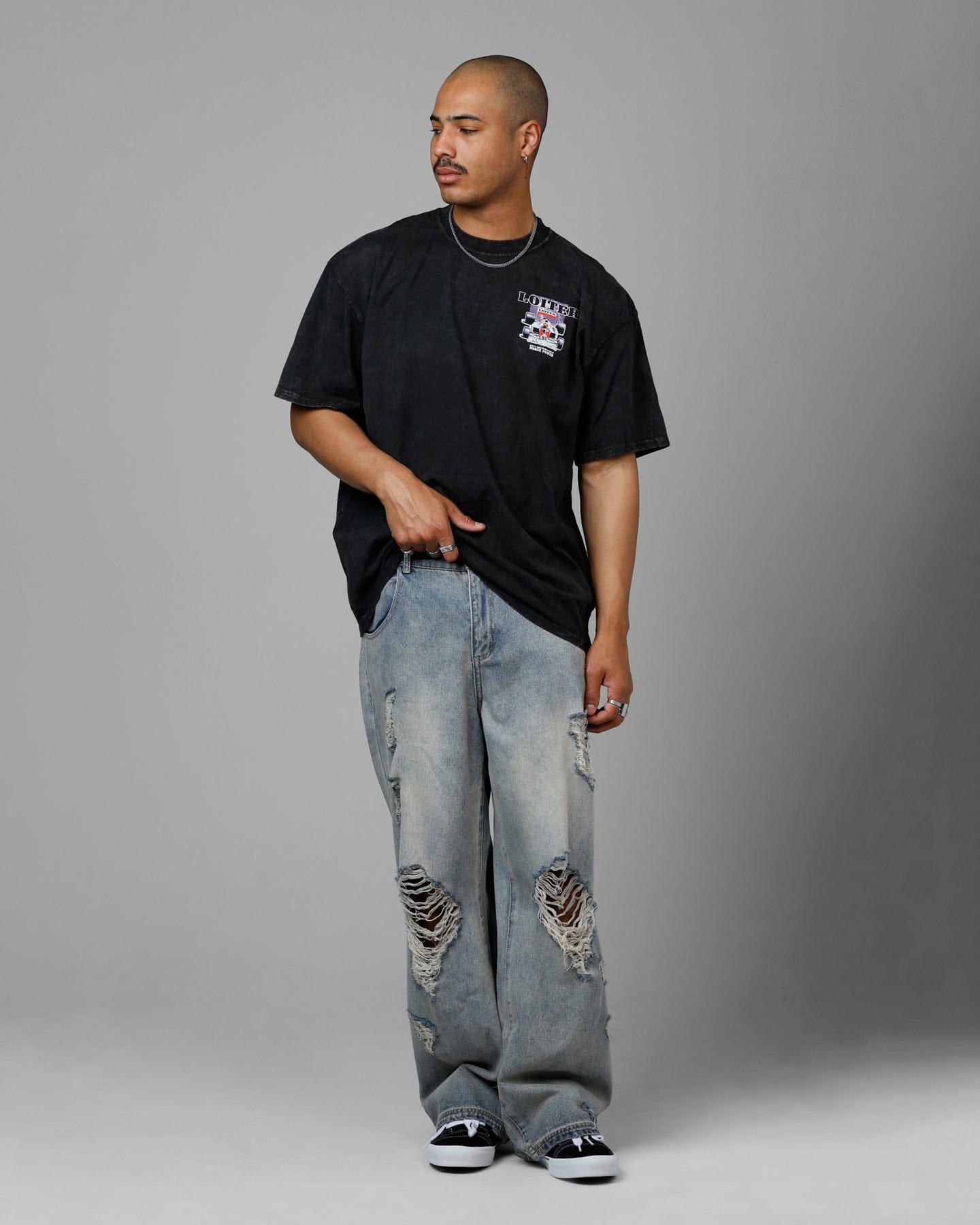 Loiter Horse Power Vintage Drop T - Shirt Black Acidwash