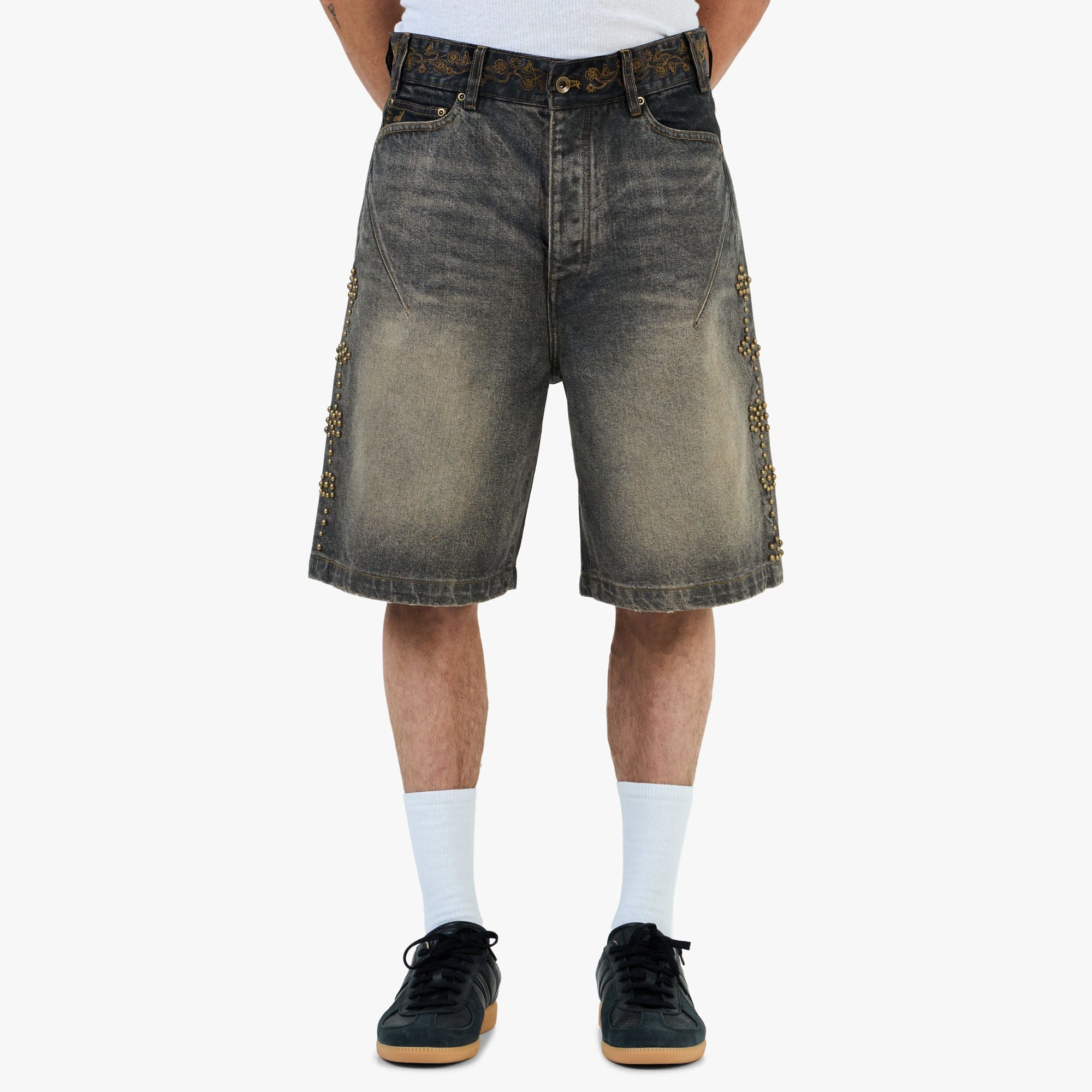 Adidem Asterisks Waxed Two - Tone Denim Rivet Shorts / Black