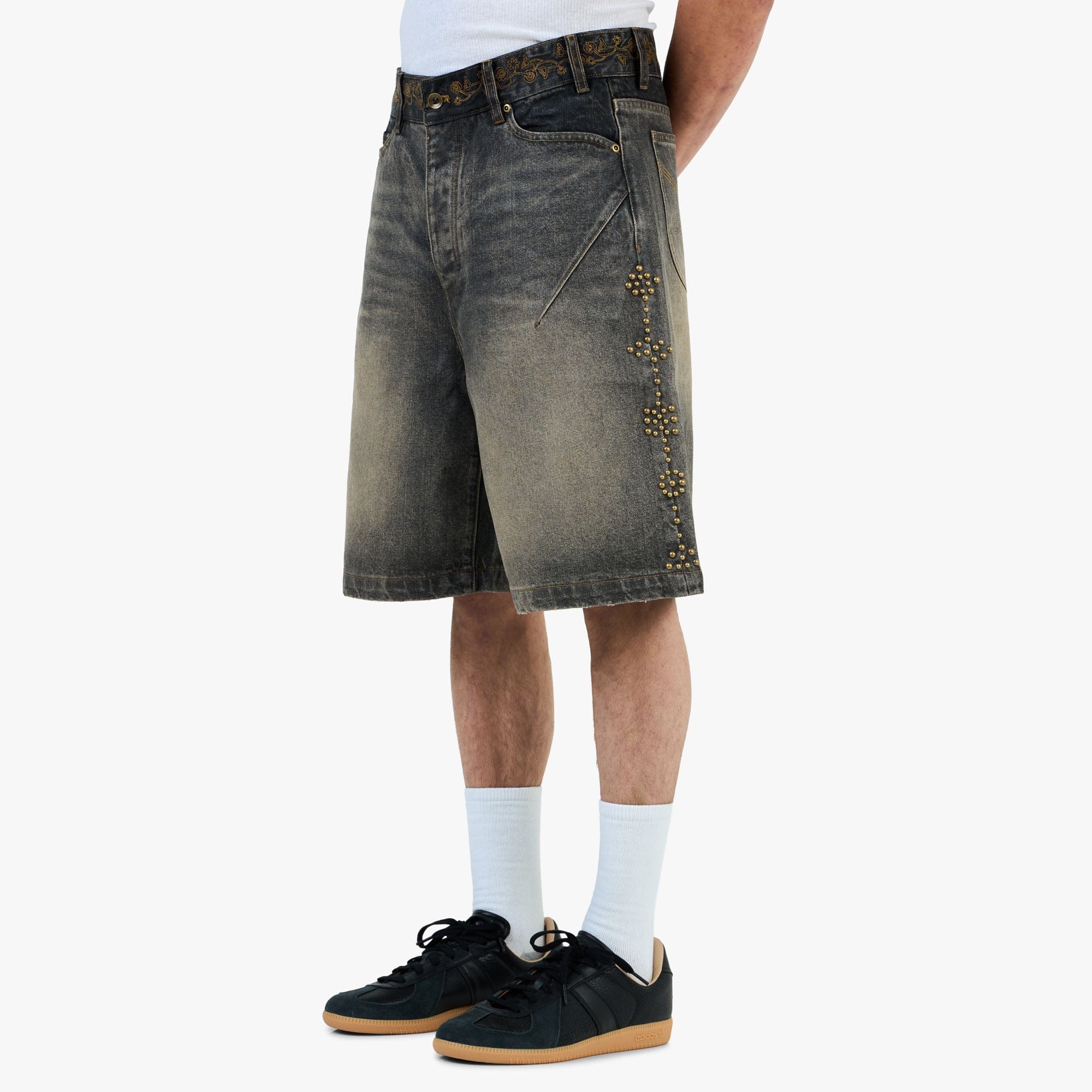 Adidem Asterisks Waxed Two - Tone Denim Rivet Shorts / Black