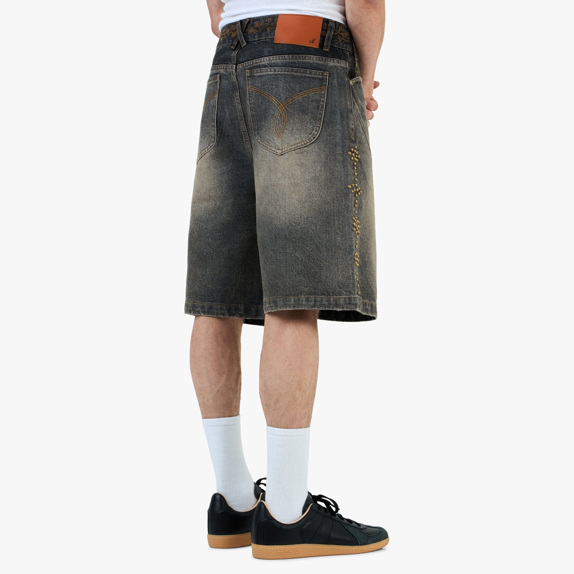 Adidem Asterisks Waxed Two - Tone Denim Rivet Shorts / Black