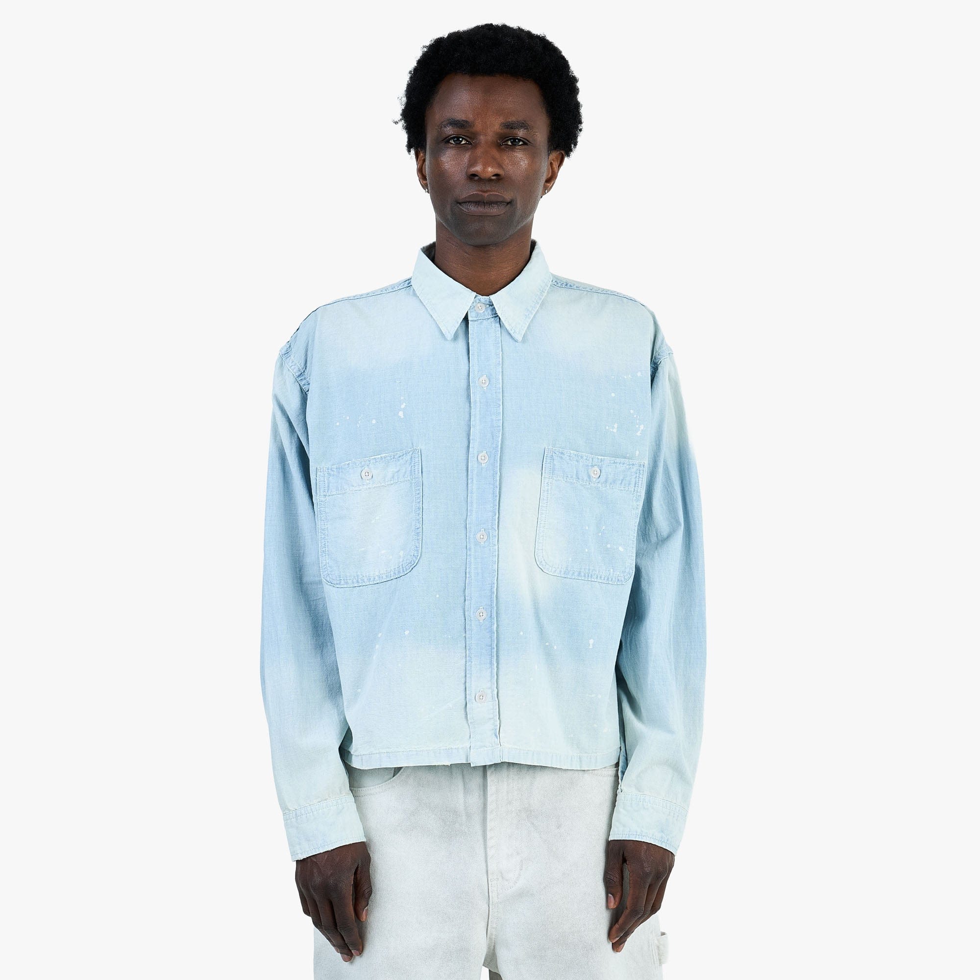 BEAMS Damage Chambray Shirt / Fade Blue