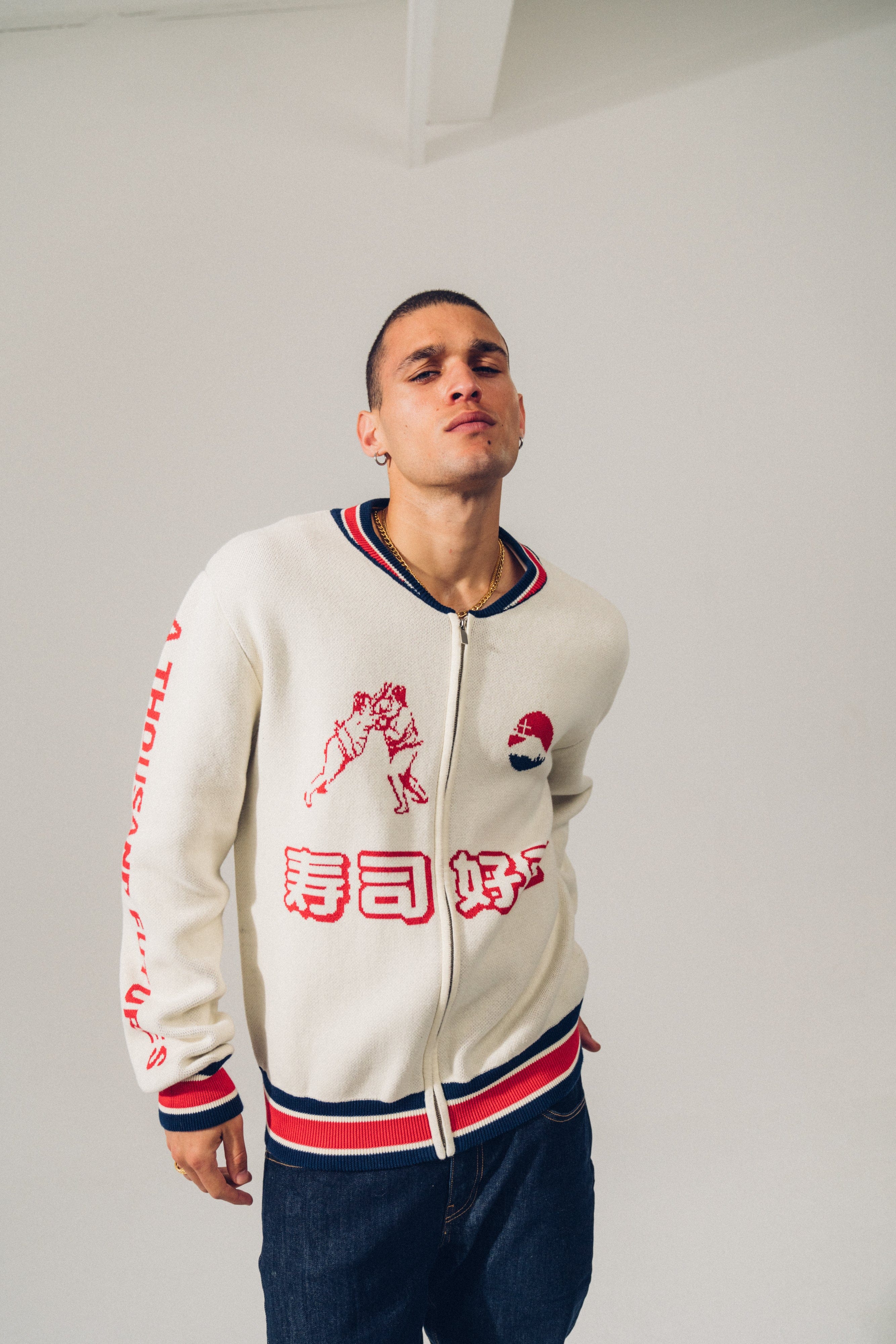 A Thousand Futures Ritual Knit Zip Bomber - Beige