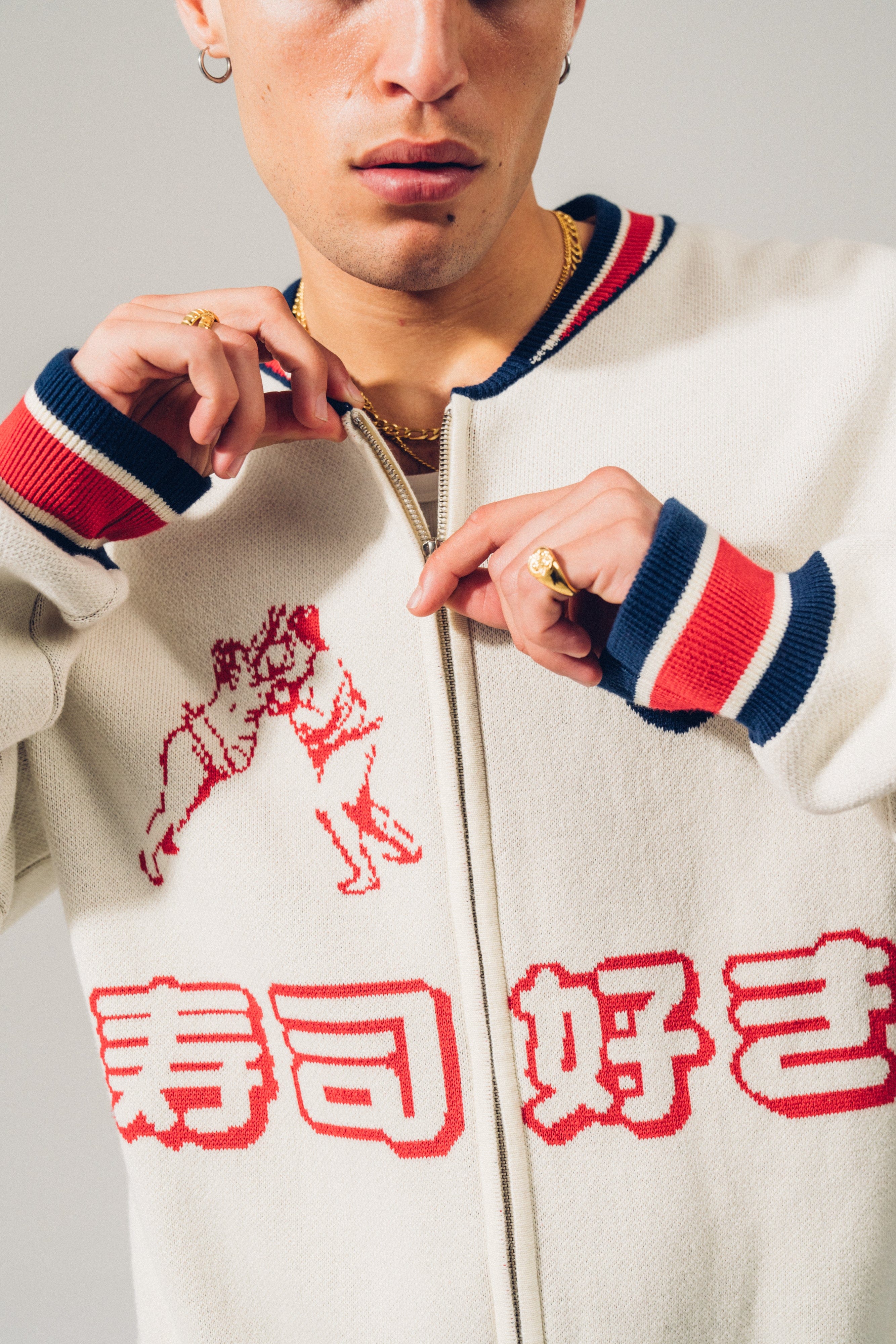 A Thousand Futures Ritual Knit Zip Bomber - Beige
