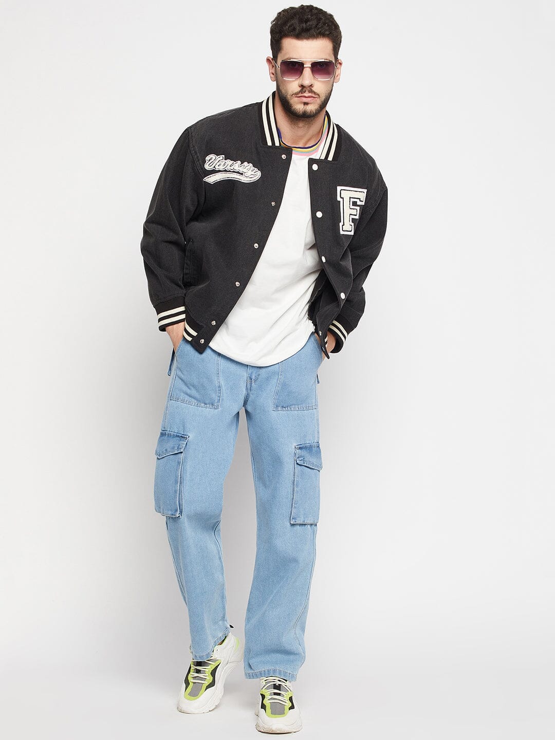 Fugazee Grey Denim Varsity Jacket