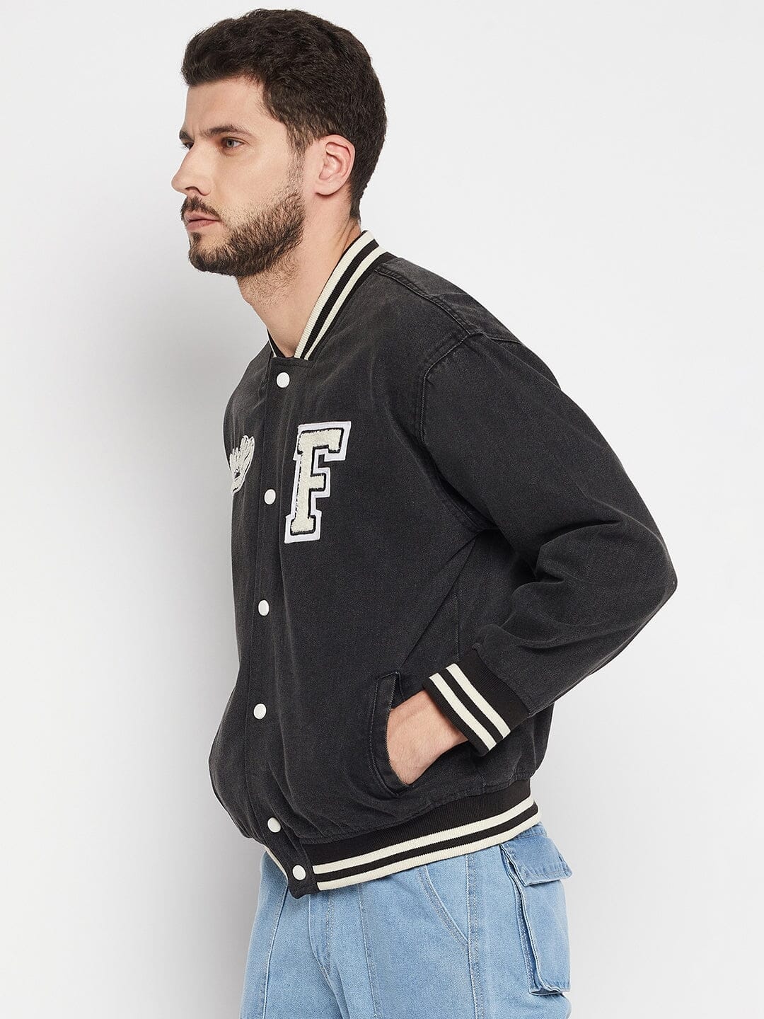 Fugazee Grey Denim Varsity Jacket
