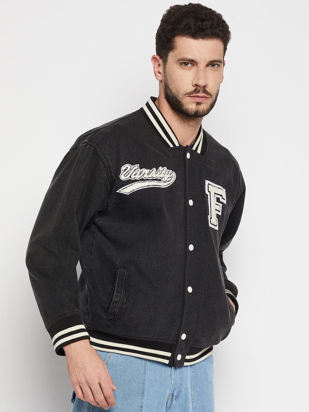 Fugazee Grey Denim Varsity Jacket