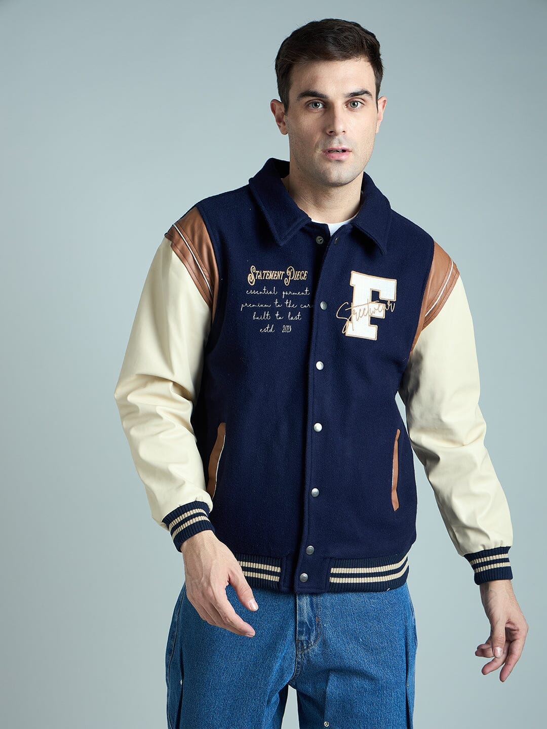 Fugazee Navy Statement Woollen Varsity Jacket