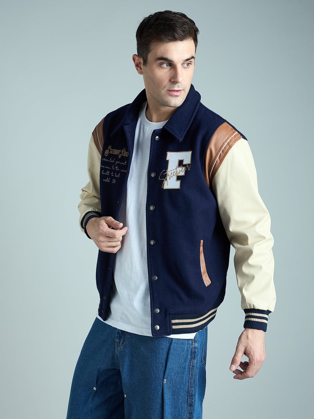 Fugazee Navy Statement Woollen Varsity Jacket