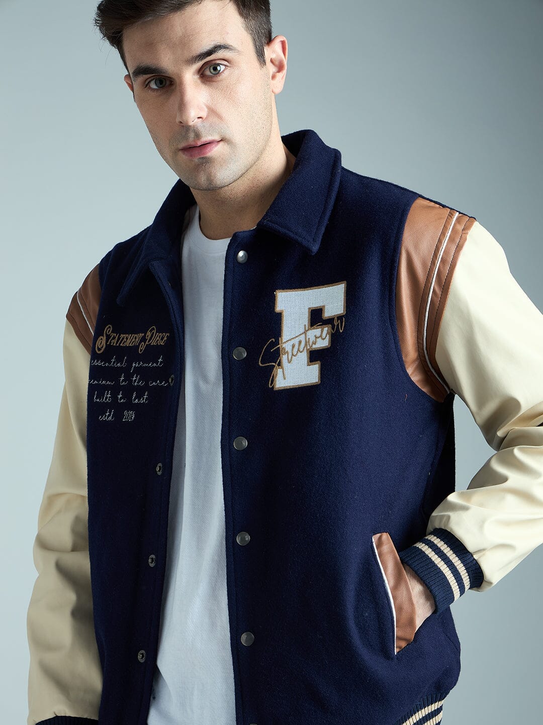 Fugazee Navy Statement Woollen Varsity Jacket