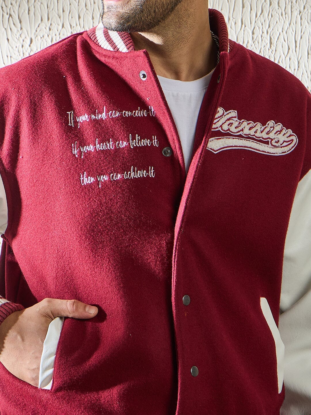 Fugazee Maroon Statement Woollen Varsity Jacket