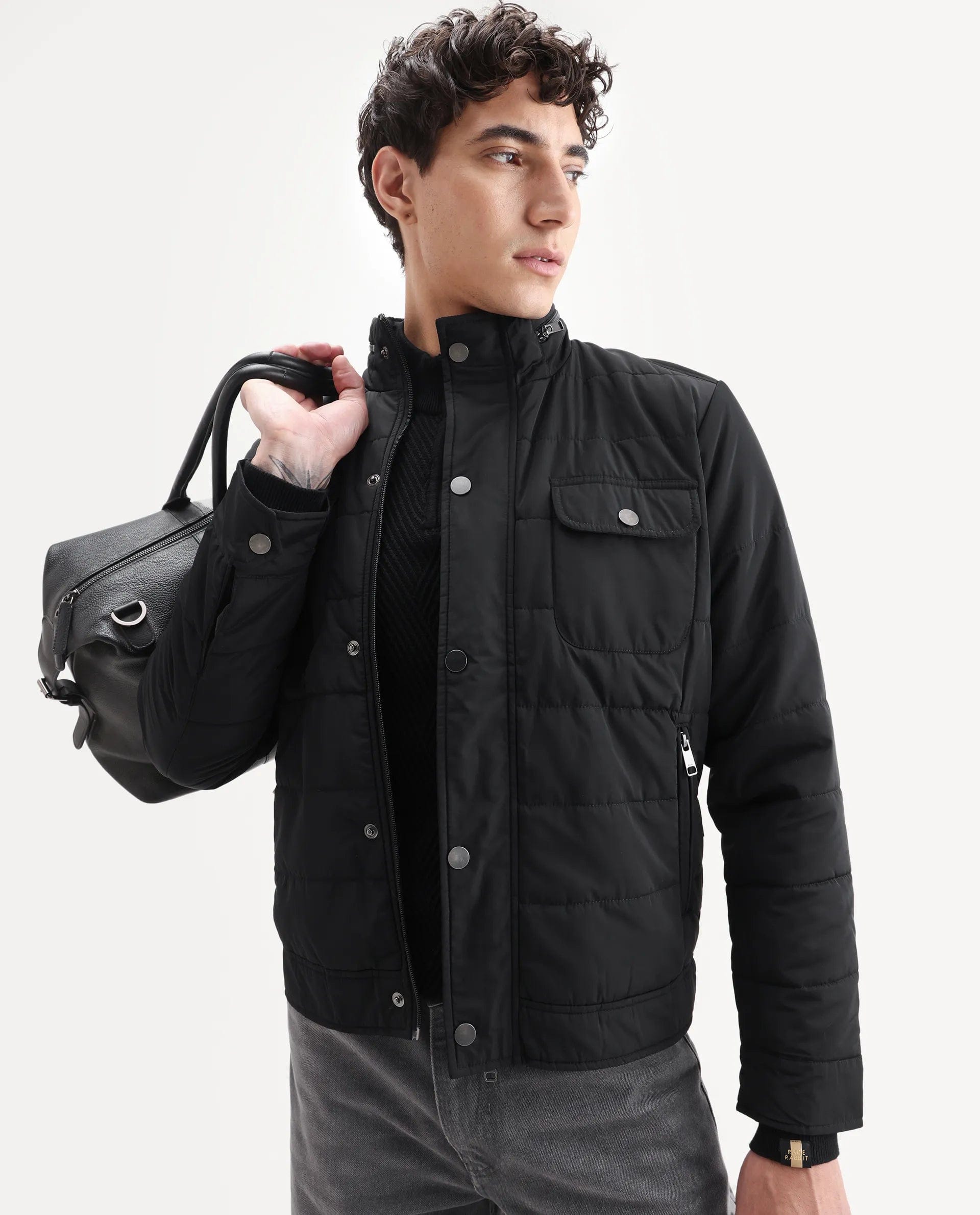 RARE Rabbit Men's Anbr Black Polyester Plain Relaxed Fit Full Sleeve Spread Collar Jacket