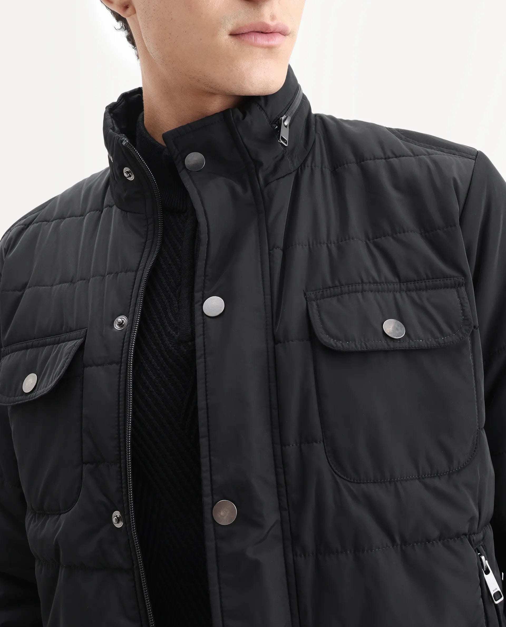 RARE Rabbit Men's Anbr Black Polyester Plain Relaxed Fit Full Sleeve Spread Collar Jacket