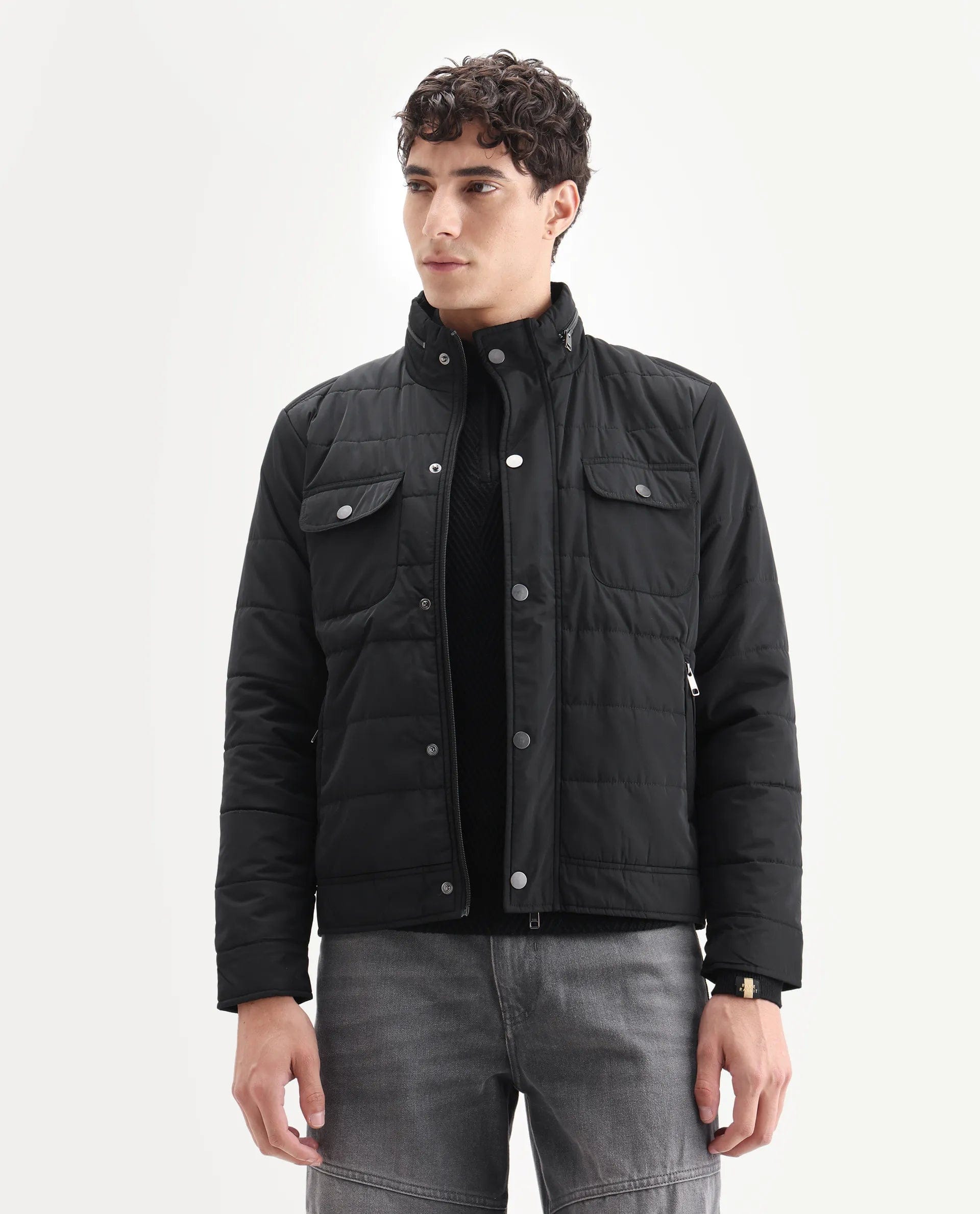 RARE Rabbit Men's Anbr Black Polyester Plain Relaxed Fit Full Sleeve Spread Collar Jacket