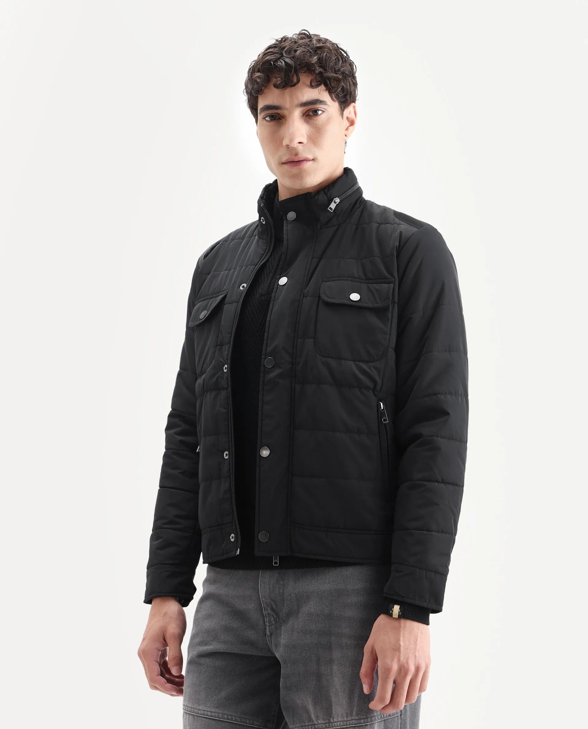 RARE Rabbit Men's Anbr Black Polyester Plain Relaxed Fit Full Sleeve Spread Collar Jacket