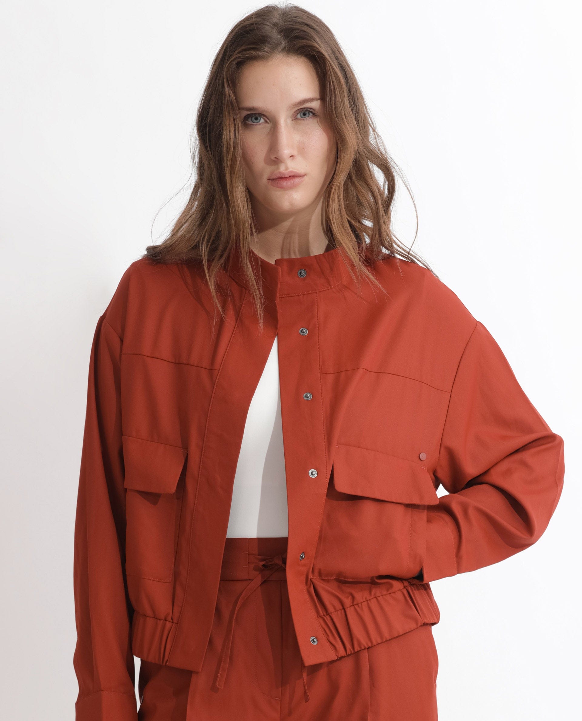 Rareism Women's Ruks Orange Polyester High Neck Plain Regular Fit Jacket