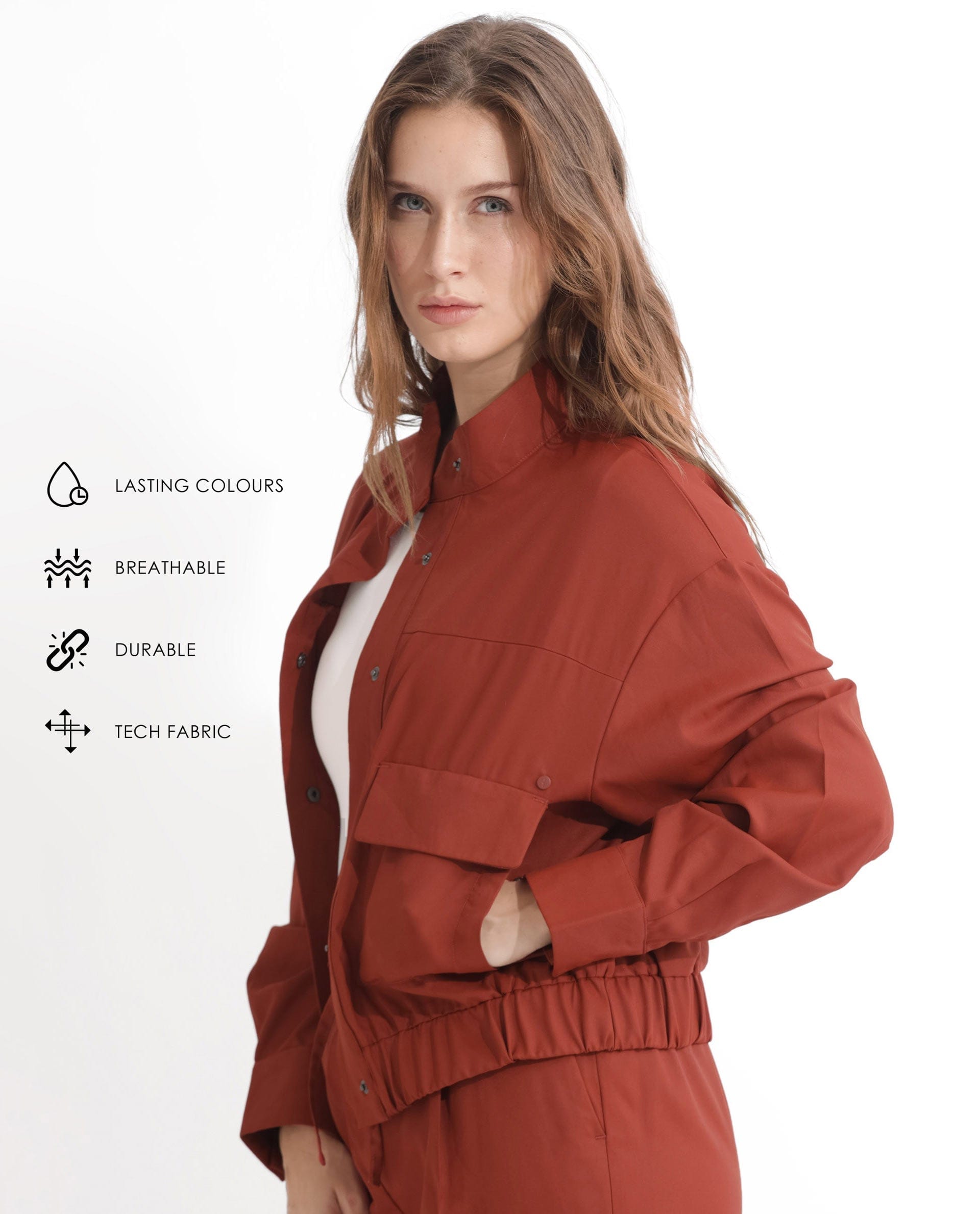 Rareism Women's Ruks Orange Polyester High Neck Plain Regular Fit Jacket