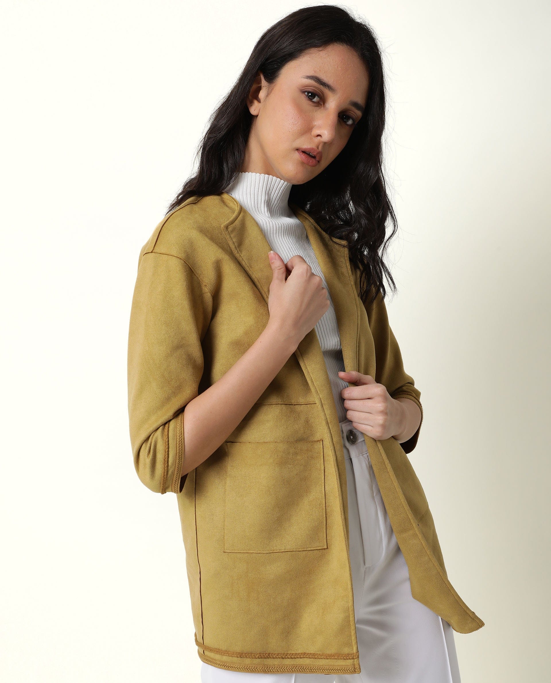 Rareism Women's Square Yellow Polyester Boat Neck Plain Regular Fit Jacket