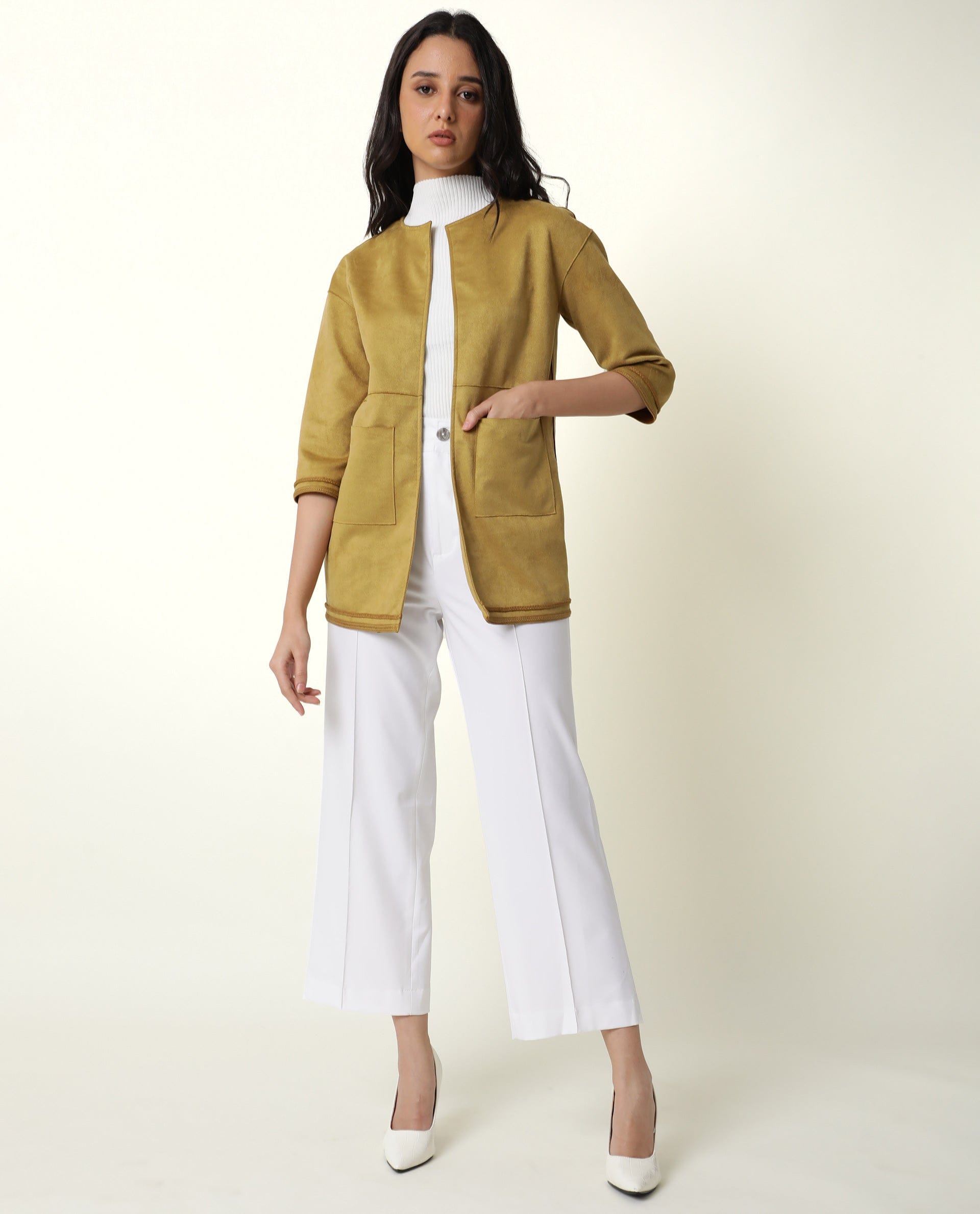 Rareism Women's Square Yellow Polyester Boat Neck Plain Regular Fit Jacket
