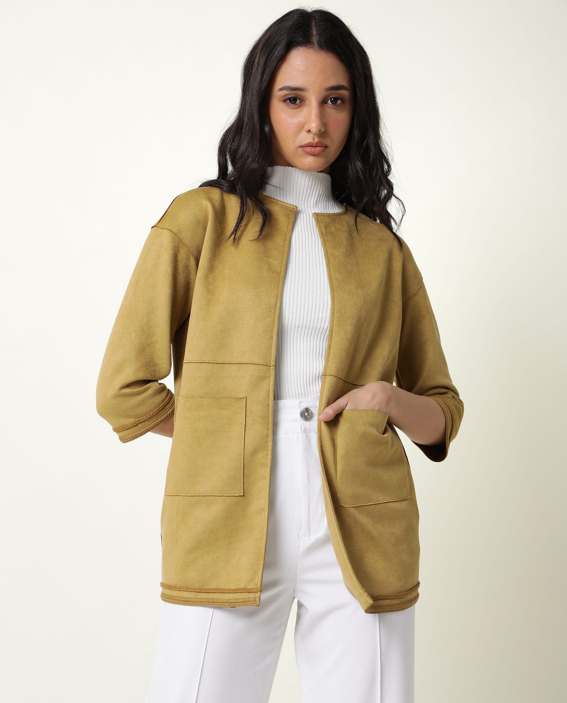 Rareism Women's Square Yellow Polyester Boat Neck Plain Regular Fit Jacket