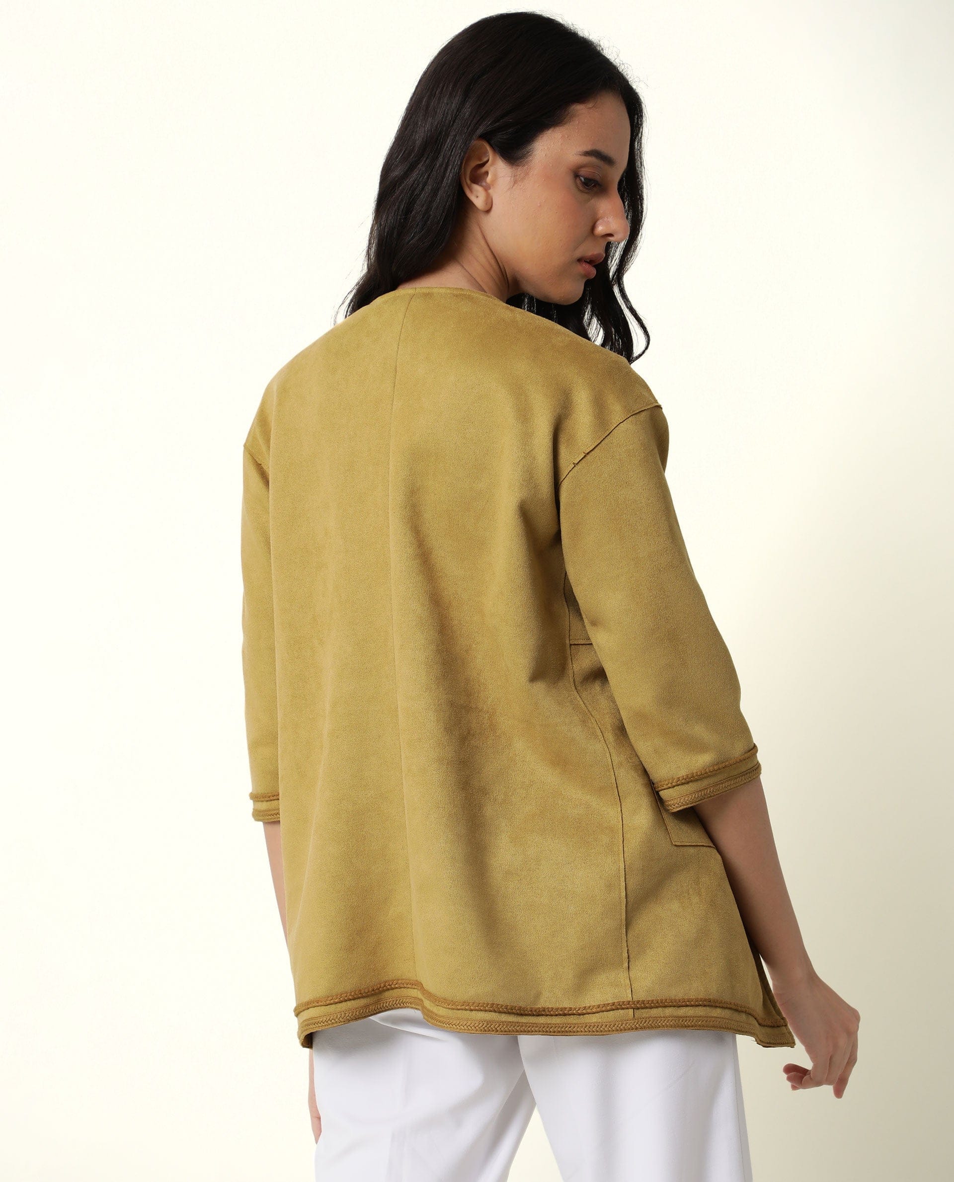 Rareism Women's Square Yellow Polyester Boat Neck Plain Regular Fit Jacket