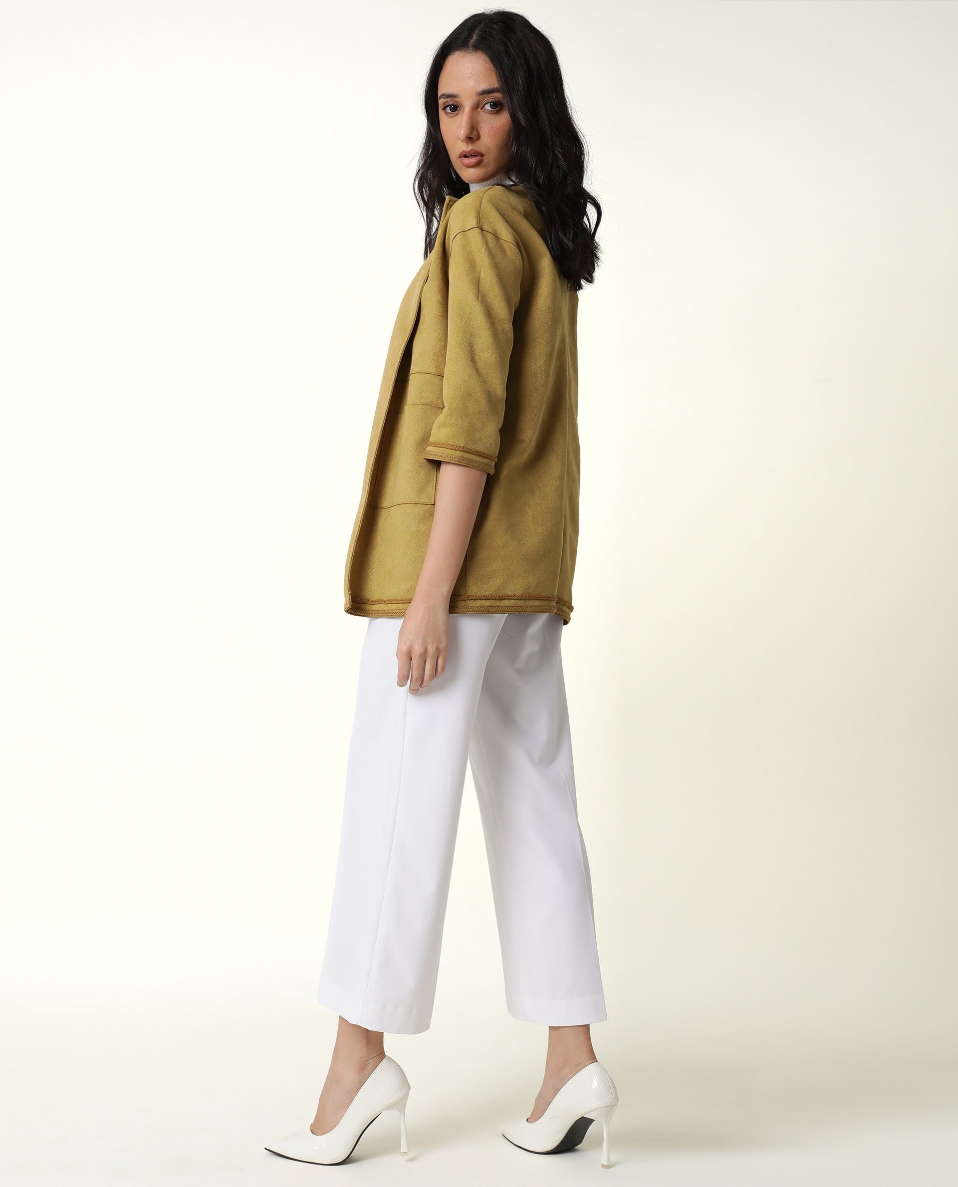 Rareism Women's Square Yellow Polyester Boat Neck Plain Regular Fit Jacket
