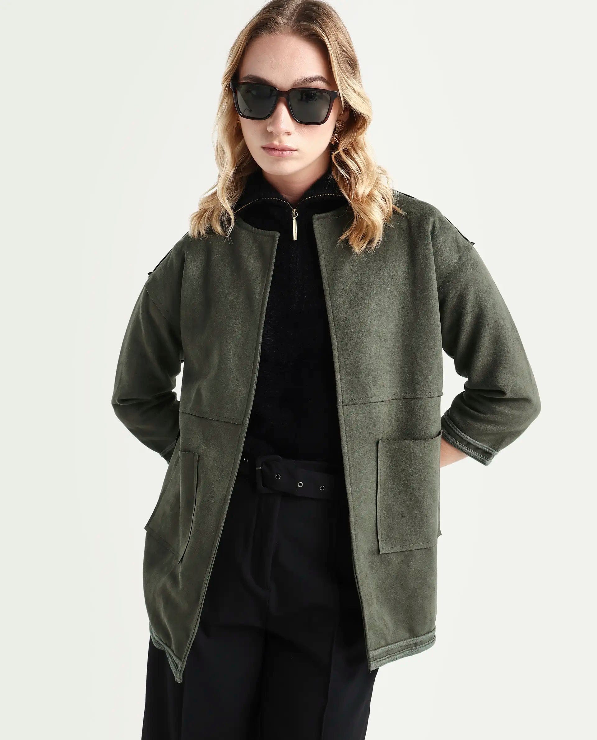 Rareism Women's Square Olive Polyester Boat Neck Plain Regular Fit Jacket