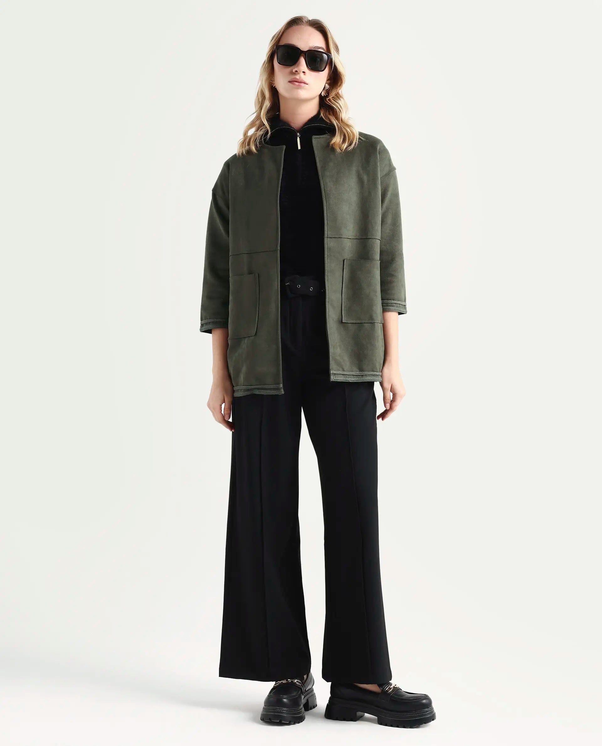 Rareism Women's Square Olive Polyester Boat Neck Plain Regular Fit Jacket