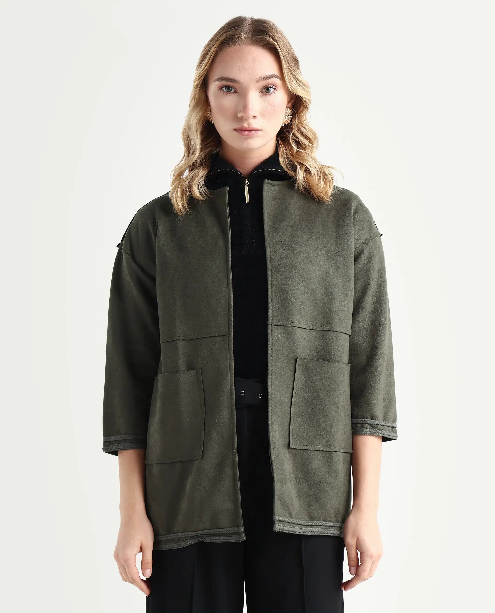 Rareism Women's Square Olive Polyester Boat Neck Plain Regular Fit Jacket