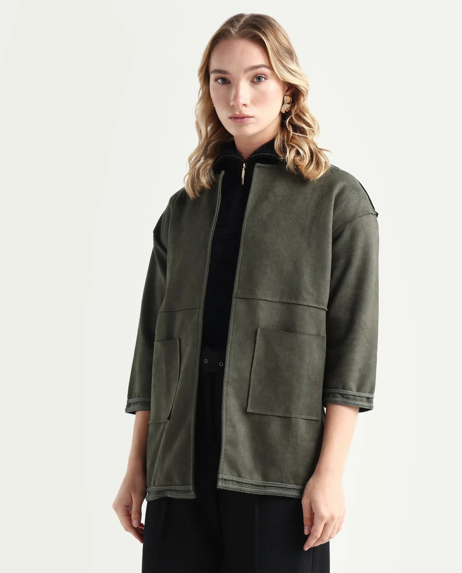 Rareism Women's Square Olive Polyester Boat Neck Plain Regular Fit Jacket