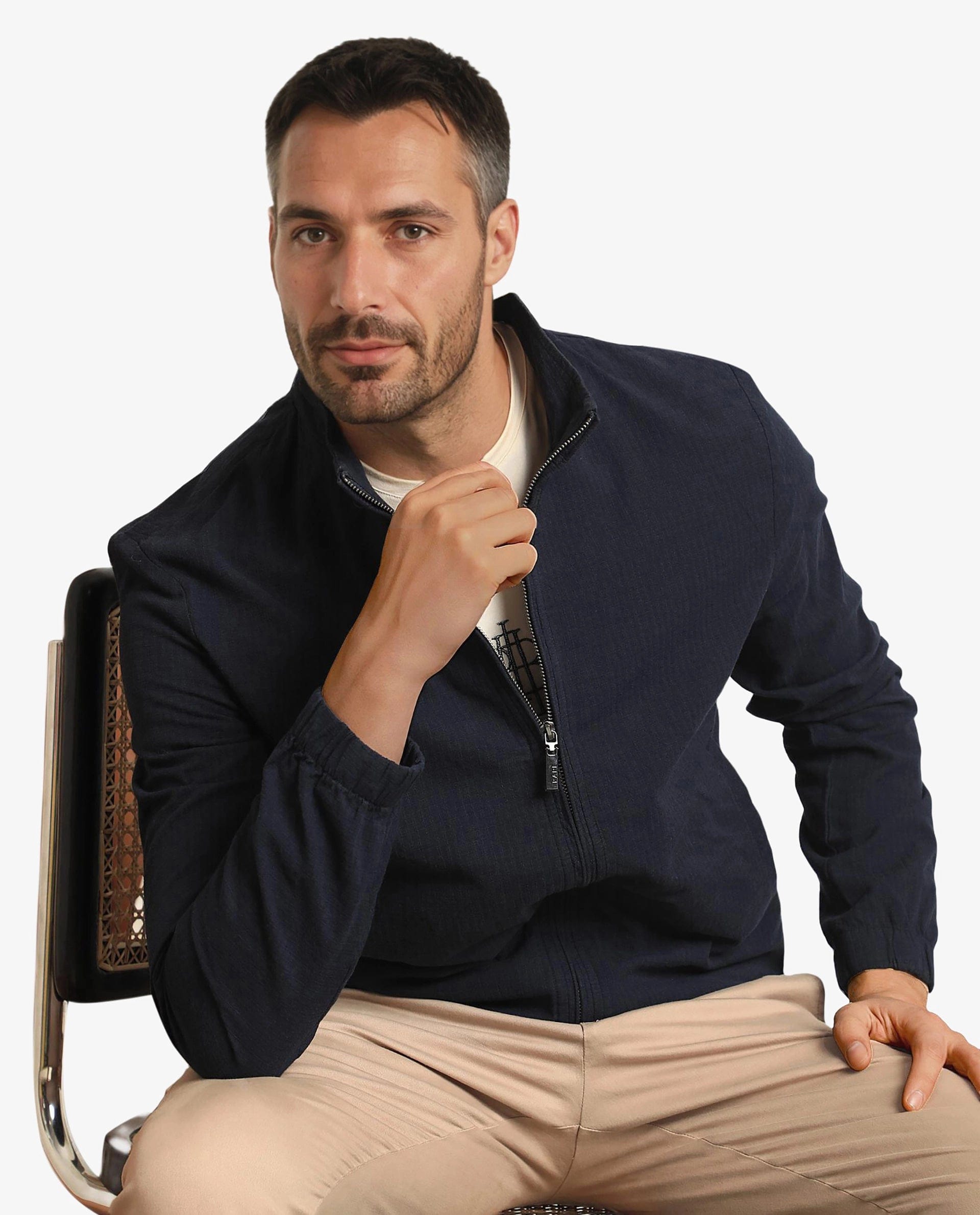 RARE Rabbit Men's Kenny Navy Polyester Plain Regular Fit Full Sleeve High Neck Jacket