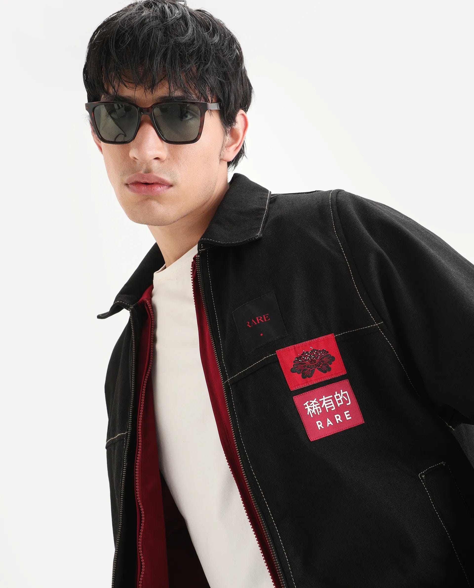 RARE Rabbit Men's Clovix Black Cotton Label Print Regular Fit Full Sleeve Spread Collar Jacket