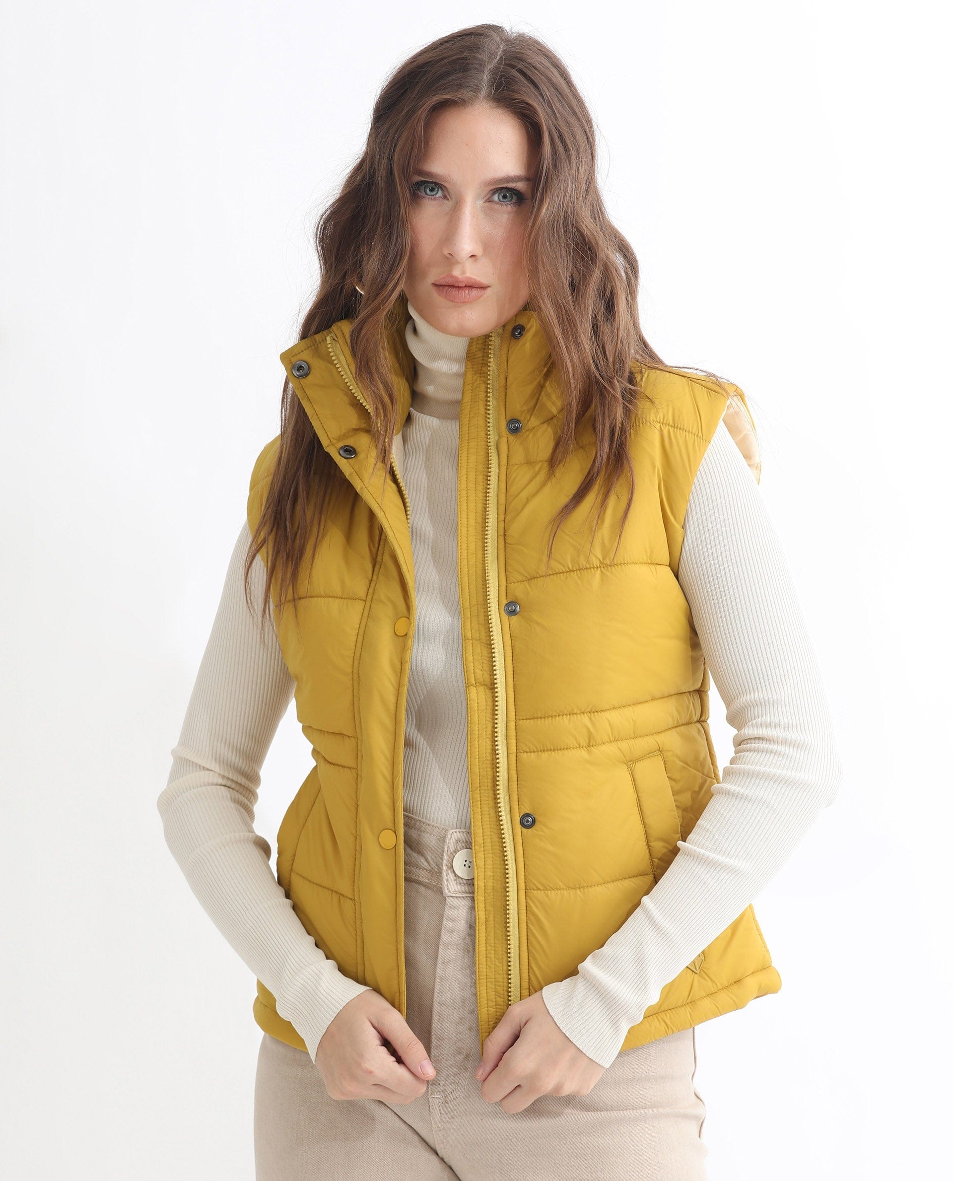 Rareism Women's Ziazan Yellow Polyester High Neck Plain Sleeveless Regular Fit Jacket