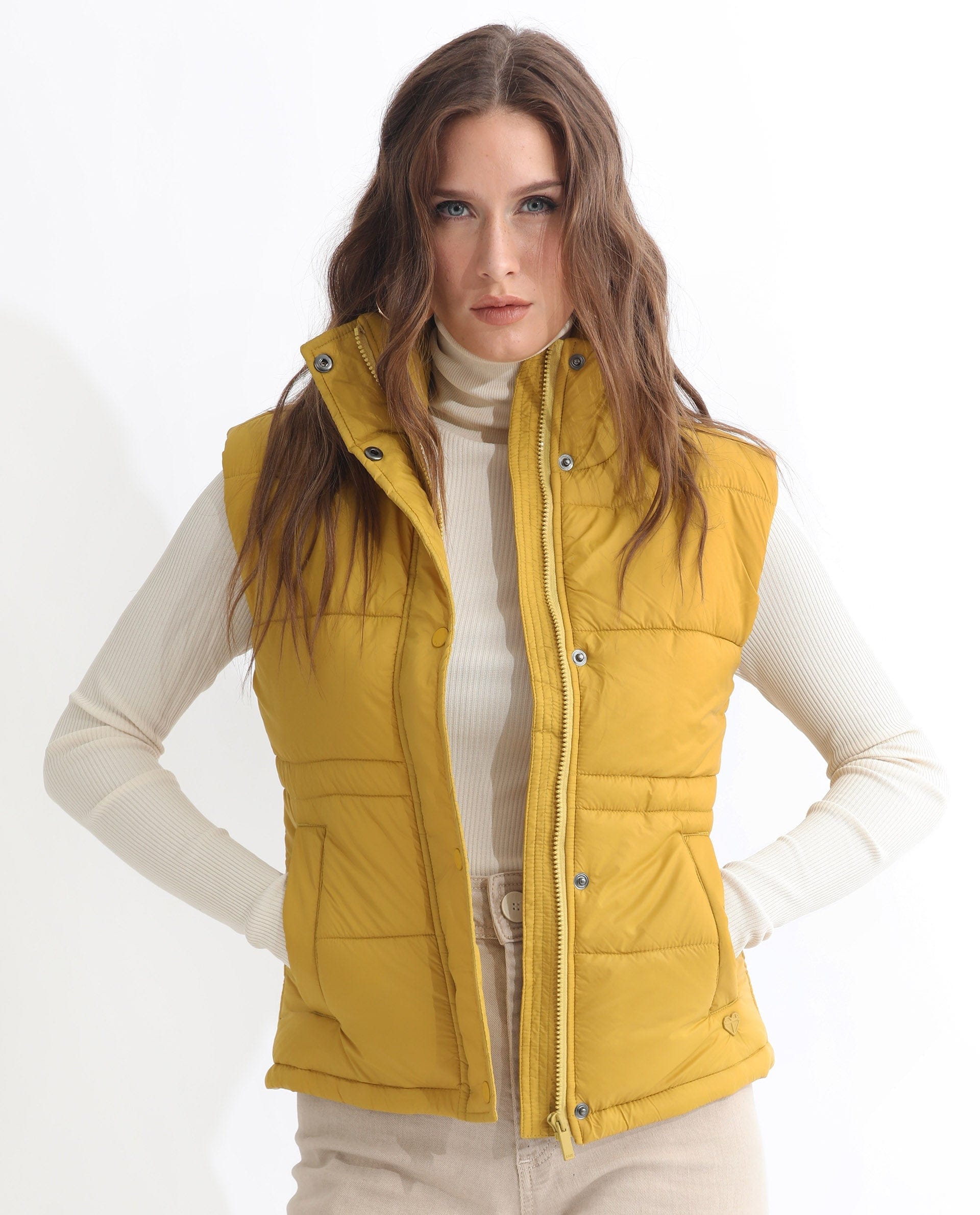 Rareism Women's Ziazan Yellow Polyester High Neck Plain Sleeveless Regular Fit Jacket