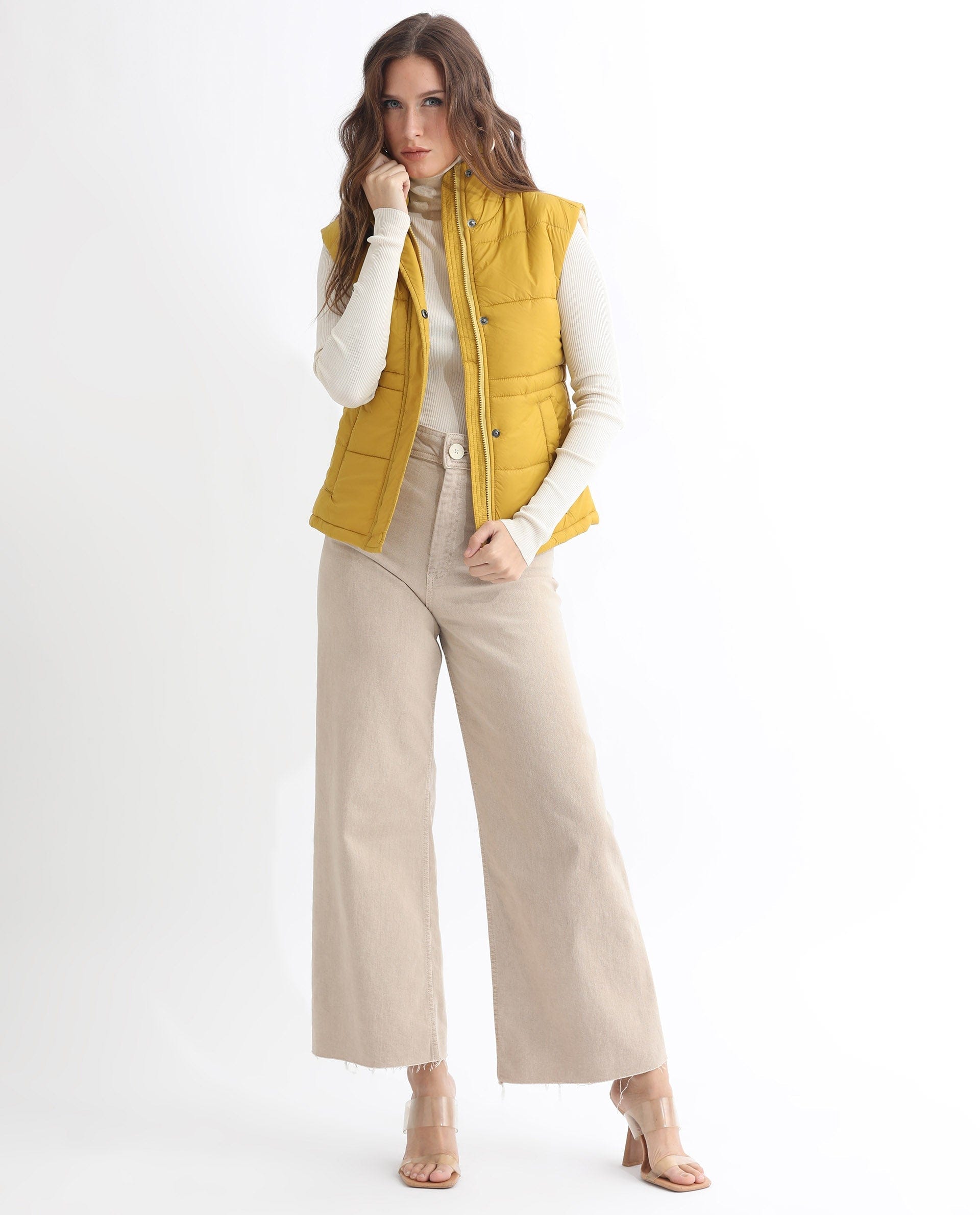 Rareism Women's Ziazan Yellow Polyester High Neck Plain Sleeveless Regular Fit Jacket