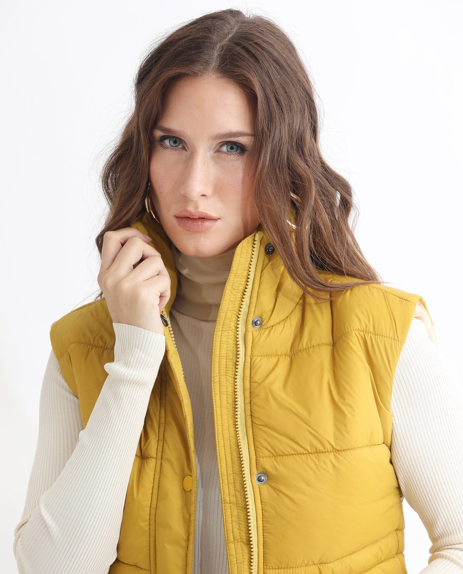 Rareism Women's Ziazan Yellow Polyester High Neck Plain Sleeveless Regular Fit Jacket
