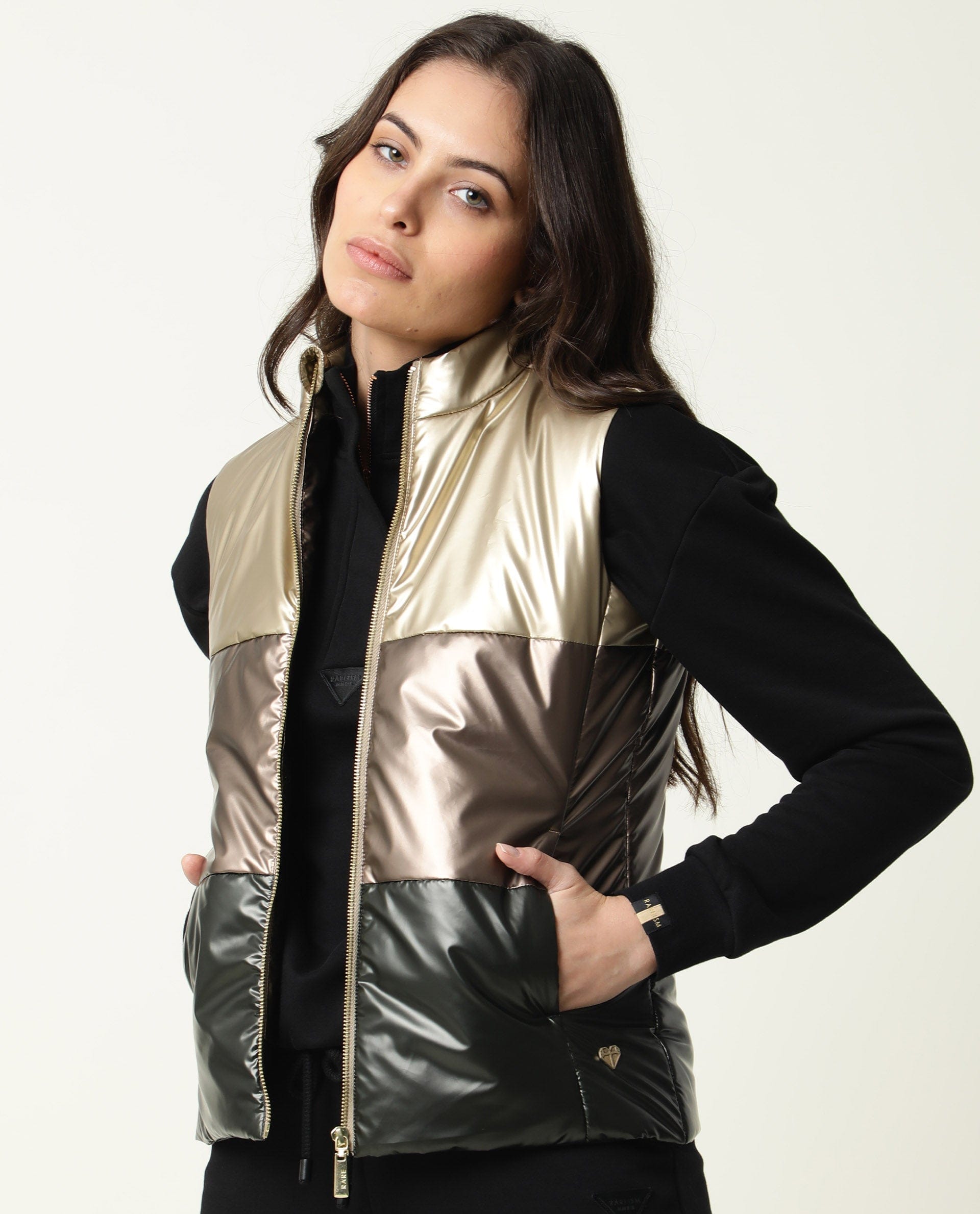 Rareism Women's Sophia Gold Polyester High Neck Color Block Sleeveless Regular Fit Jacket