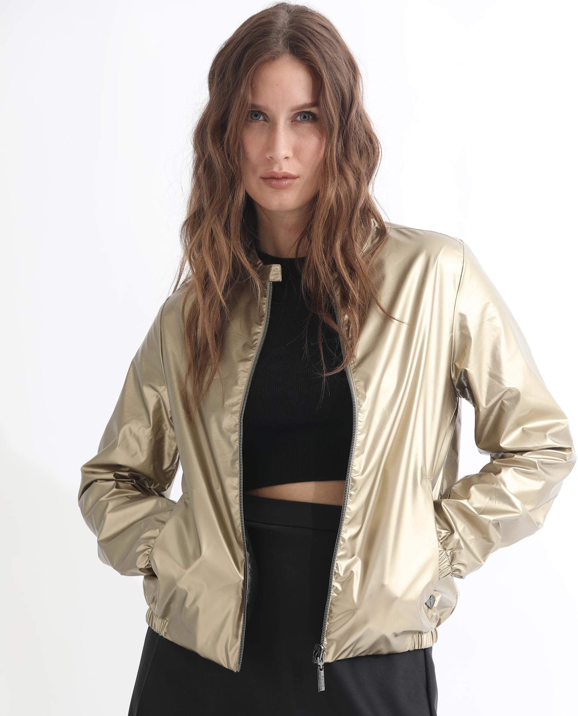 Rareism Women's Charlotte Gold Polyester Mandarin Collar Plain Regular Fit Jacket
