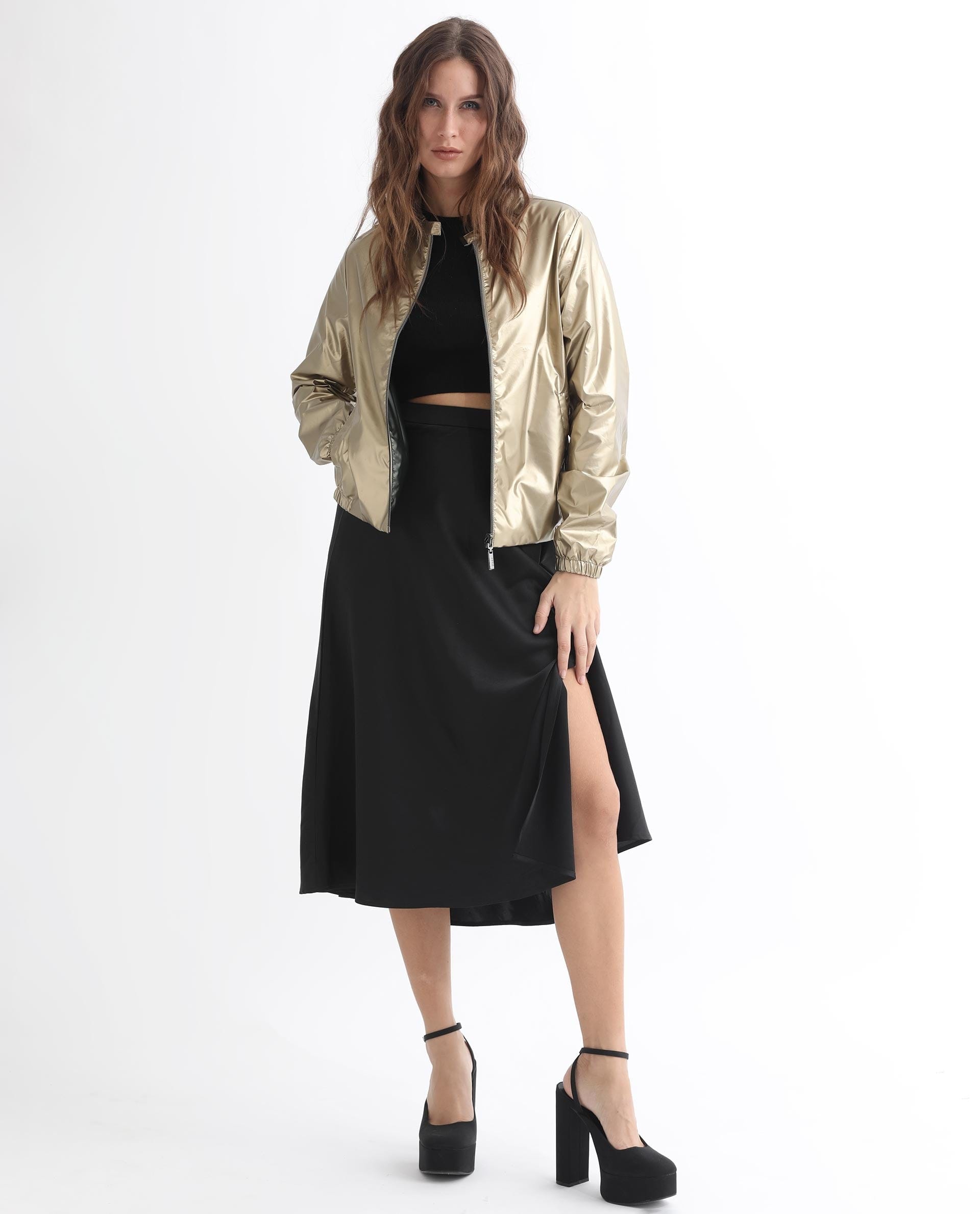 Rareism Women's Charlotte Gold Polyester Mandarin Collar Plain Regular Fit Jacket