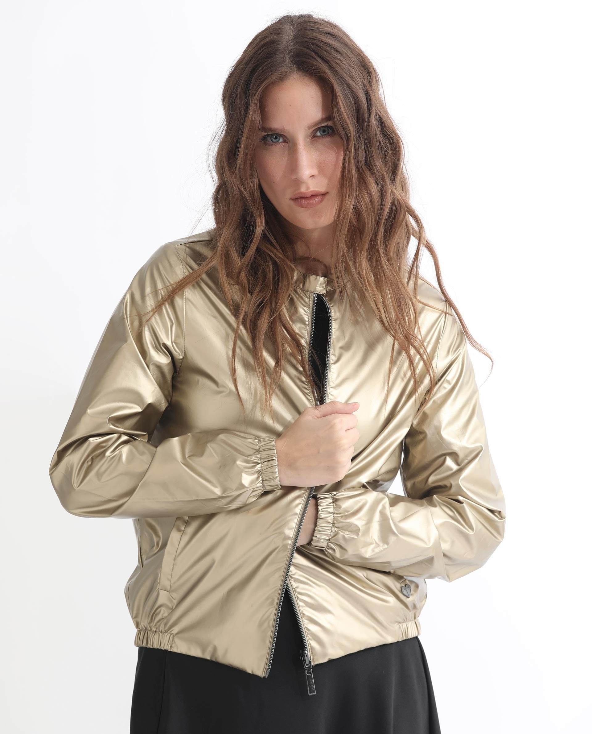 Rareism Women's Charlotte Gold Polyester Mandarin Collar Plain Regular Fit Jacket